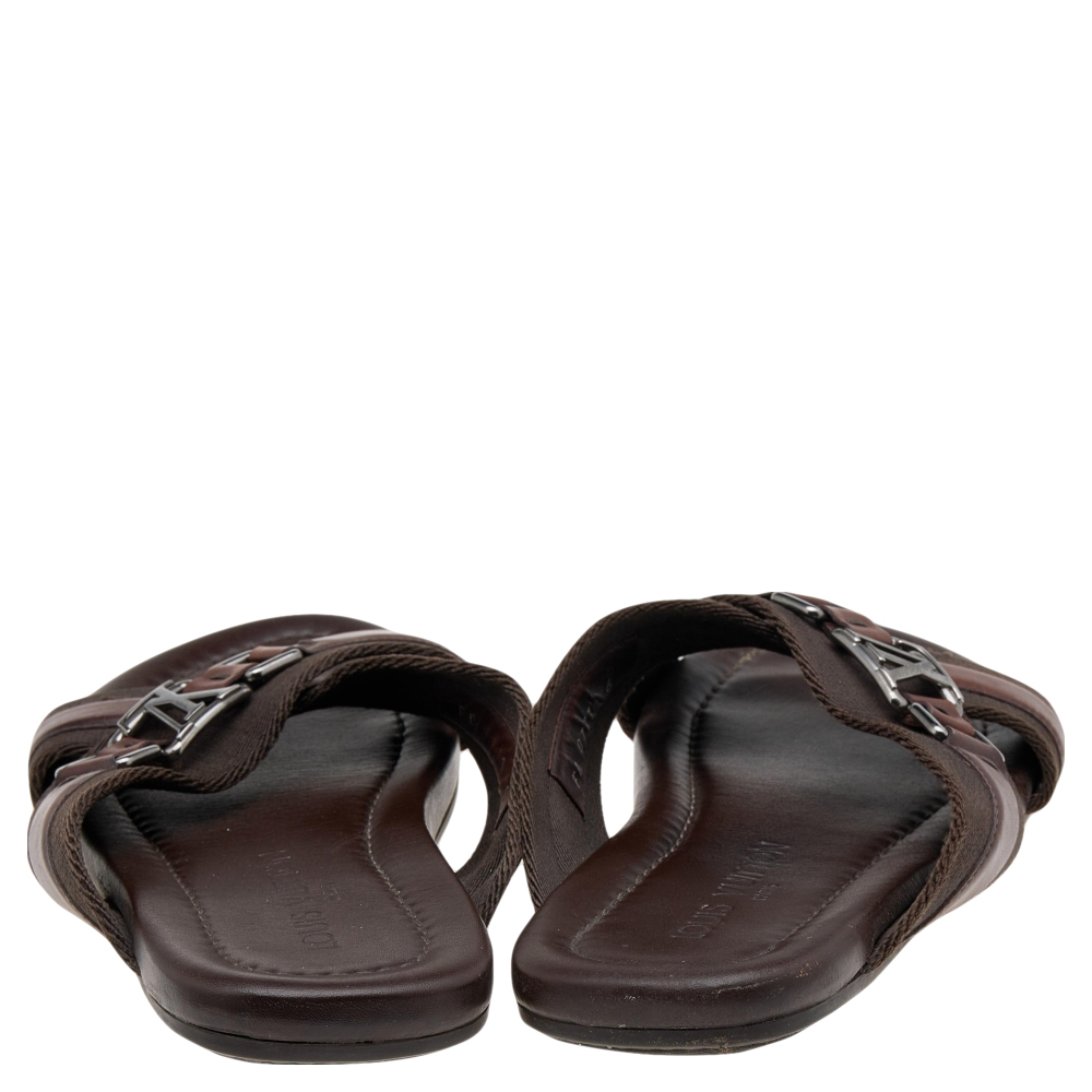 Louis Vuitton Brown Leather And Fabric Cross Strap Logo Flat Sandals Size 40
