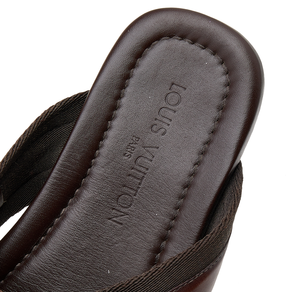 Louis Vuitton Brown Leather And Fabric Cross Strap Logo Flat Sandals Size 40