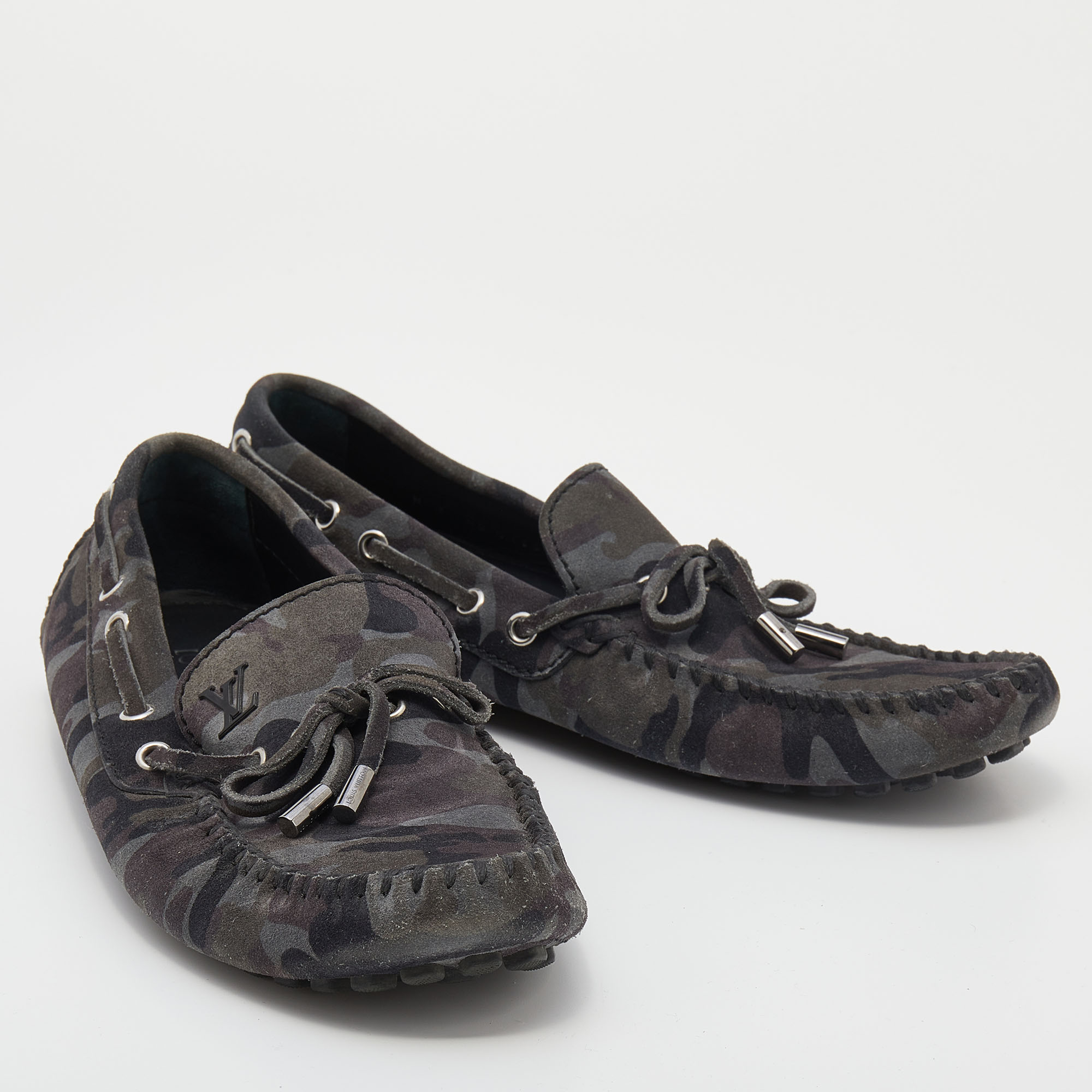 Louis Vuitton Grey Camouflage Print Suede Arizona Slip On Loafers Size 41