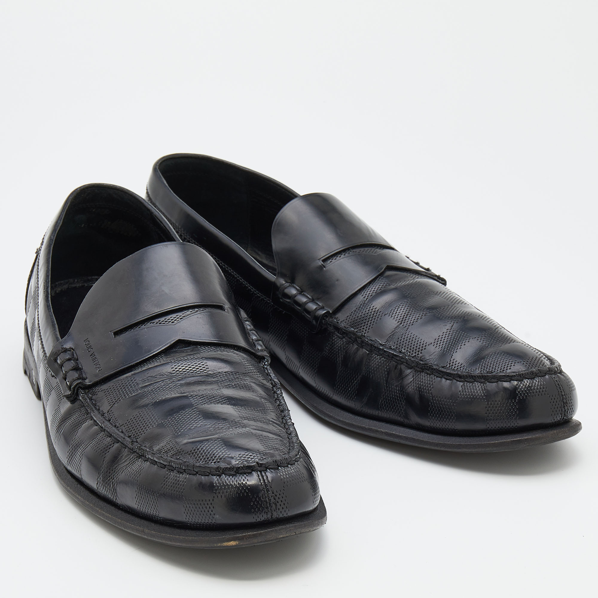 Louis Vuitton Black Damier Leather Santiago Slip On Loafers Size 44