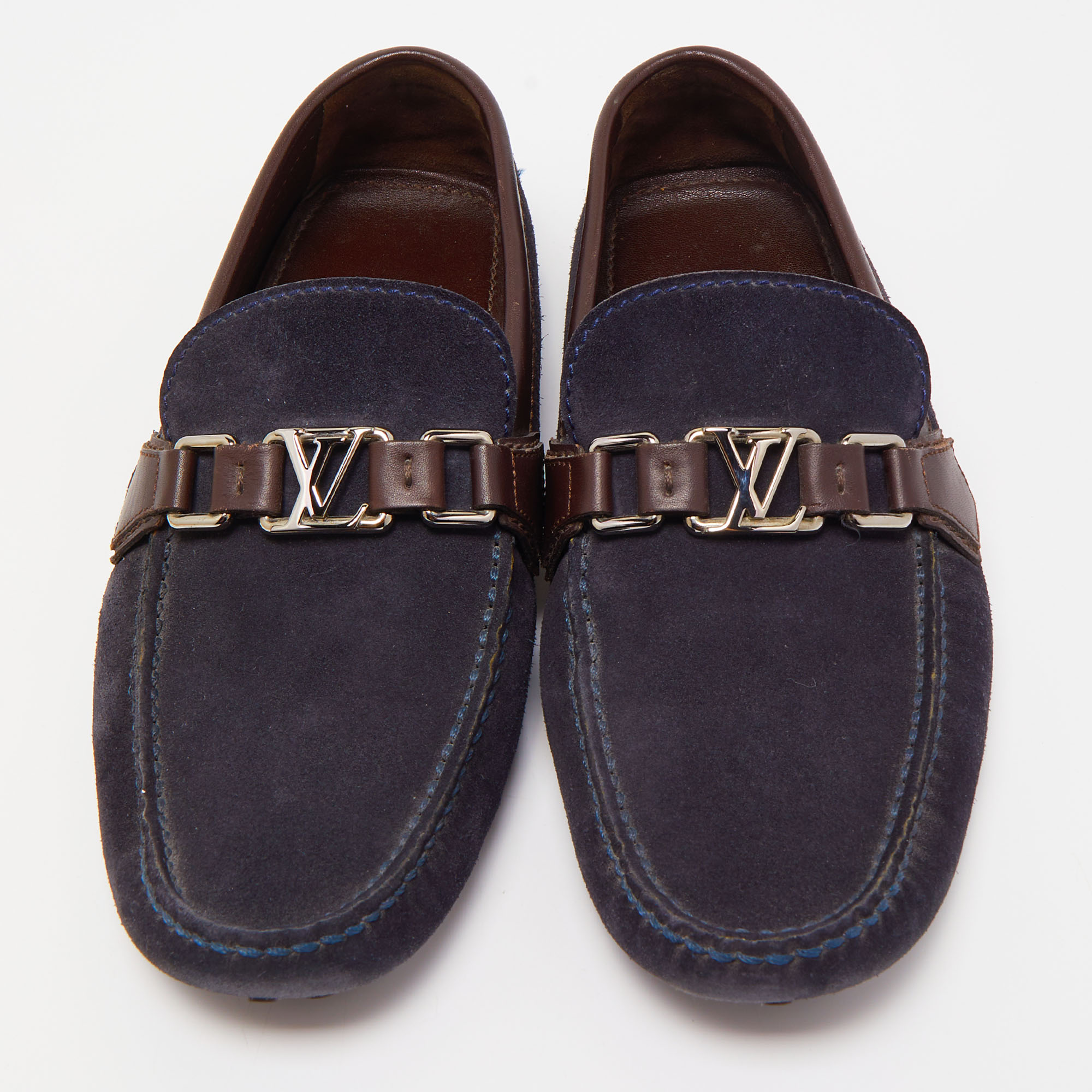 Louis Vuitton Navy Blue/Brown Suede And Leather Hockenheim Slip On Loafers Size 40.5