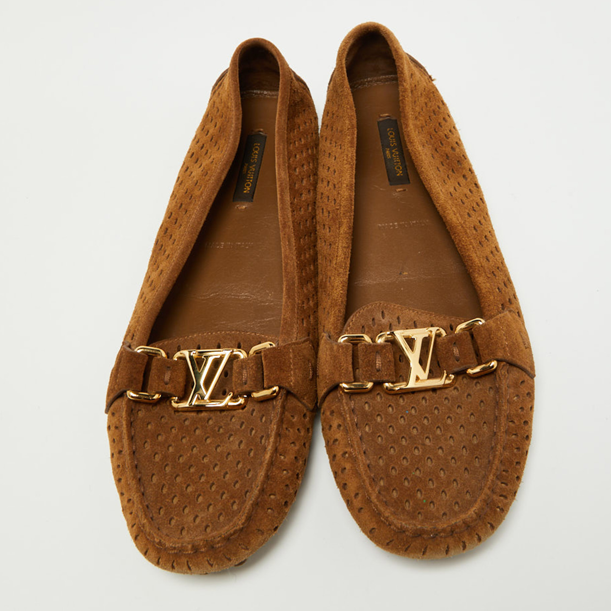 Louis Vuitton Brown Perforated Suede Oxford Loafers Size 37.5
