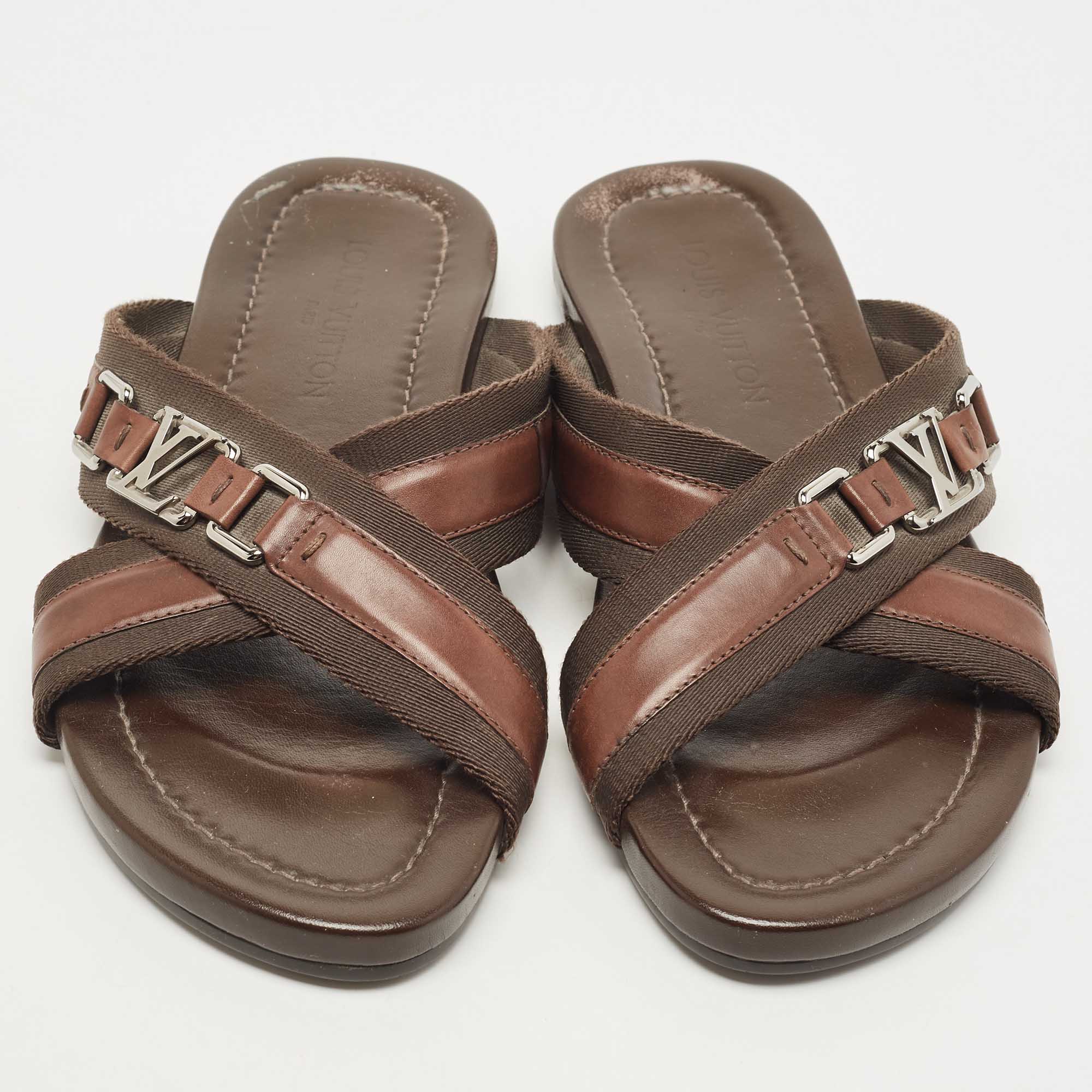 Louis Vuitton Brown Leather And Canvas Criss Cross Slides Size 42