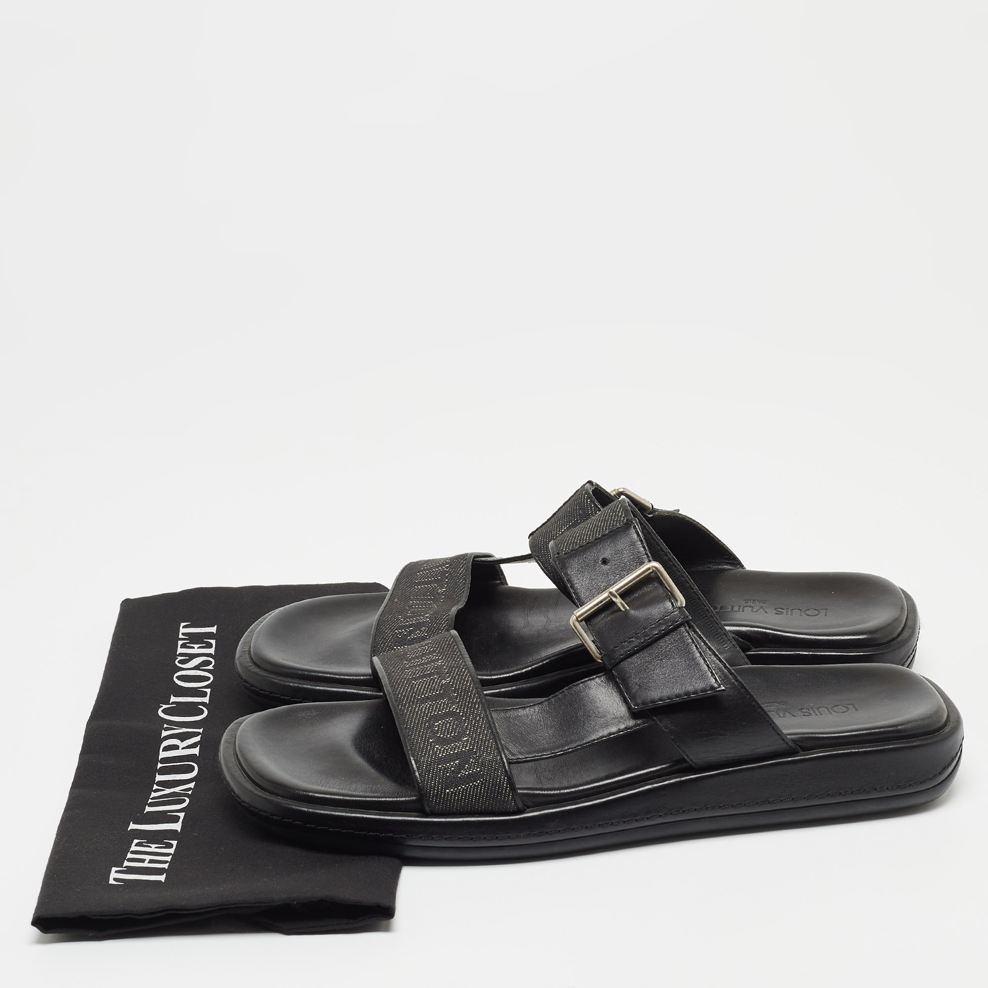 Louis Vuitton Black Leather And Logo Canvas Slide Sandals Size 44.5