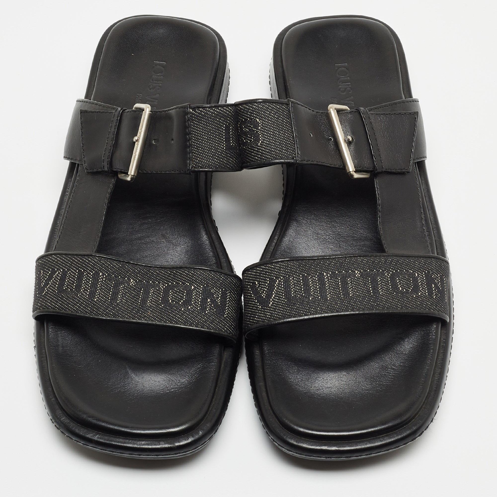 Louis Vuitton Black Leather And Logo Canvas Slide Sandals Size 44.5