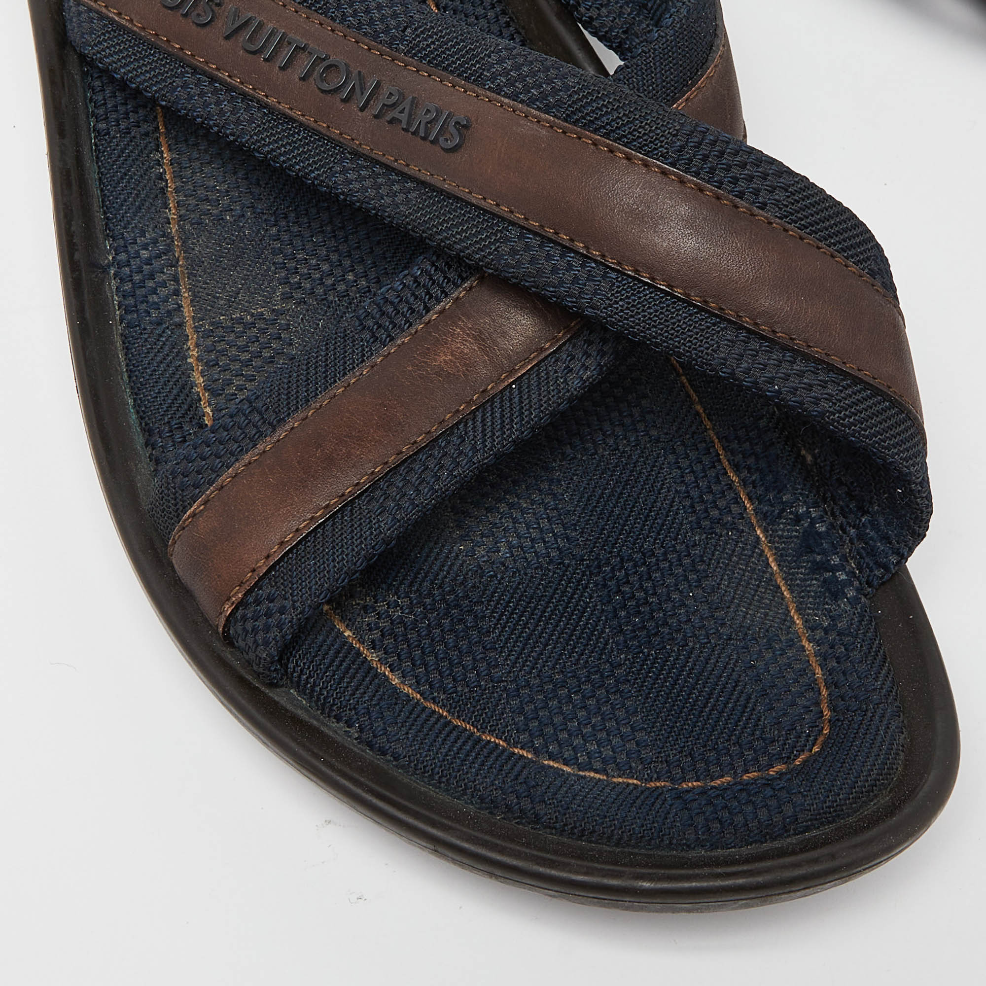 Louis Vuitton Navy Blue/Brown Canvas And Leather Cross Strap Slides Size 43