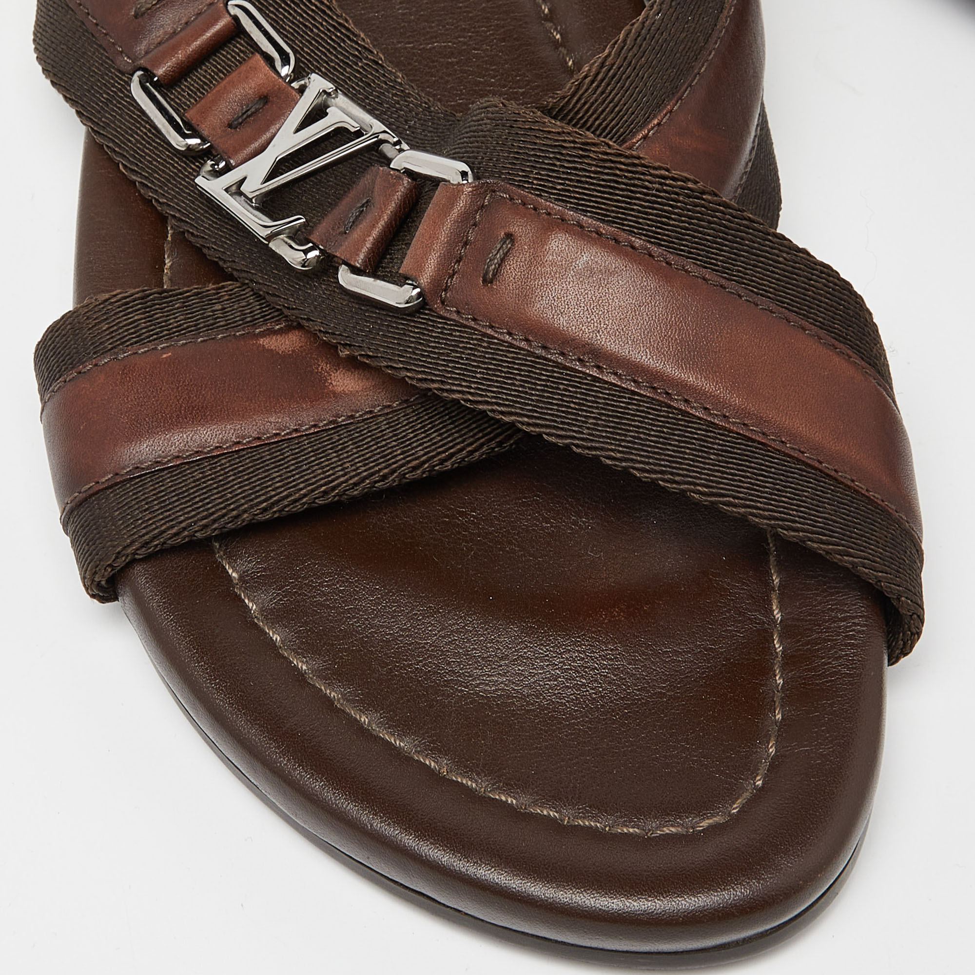 Louis Vuitton Brown Leather And Canvas Criss Cross Flat Slides Size 43
