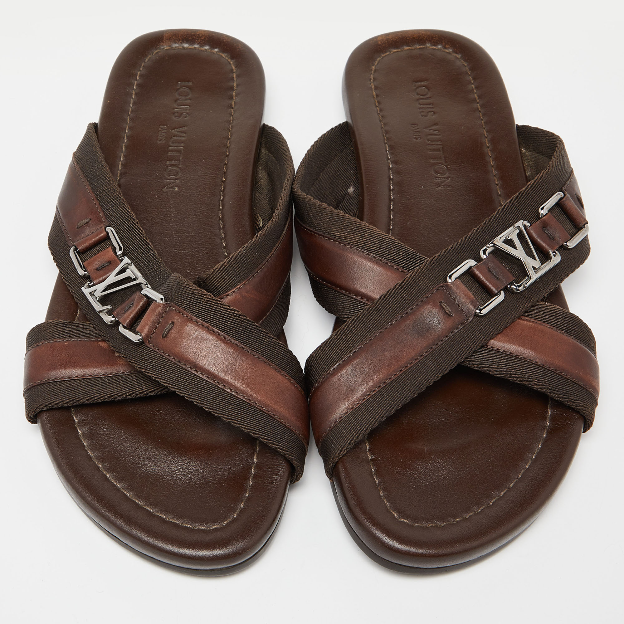 Louis Vuitton Brown Leather And Canvas Criss Cross Flat Slides Size 43