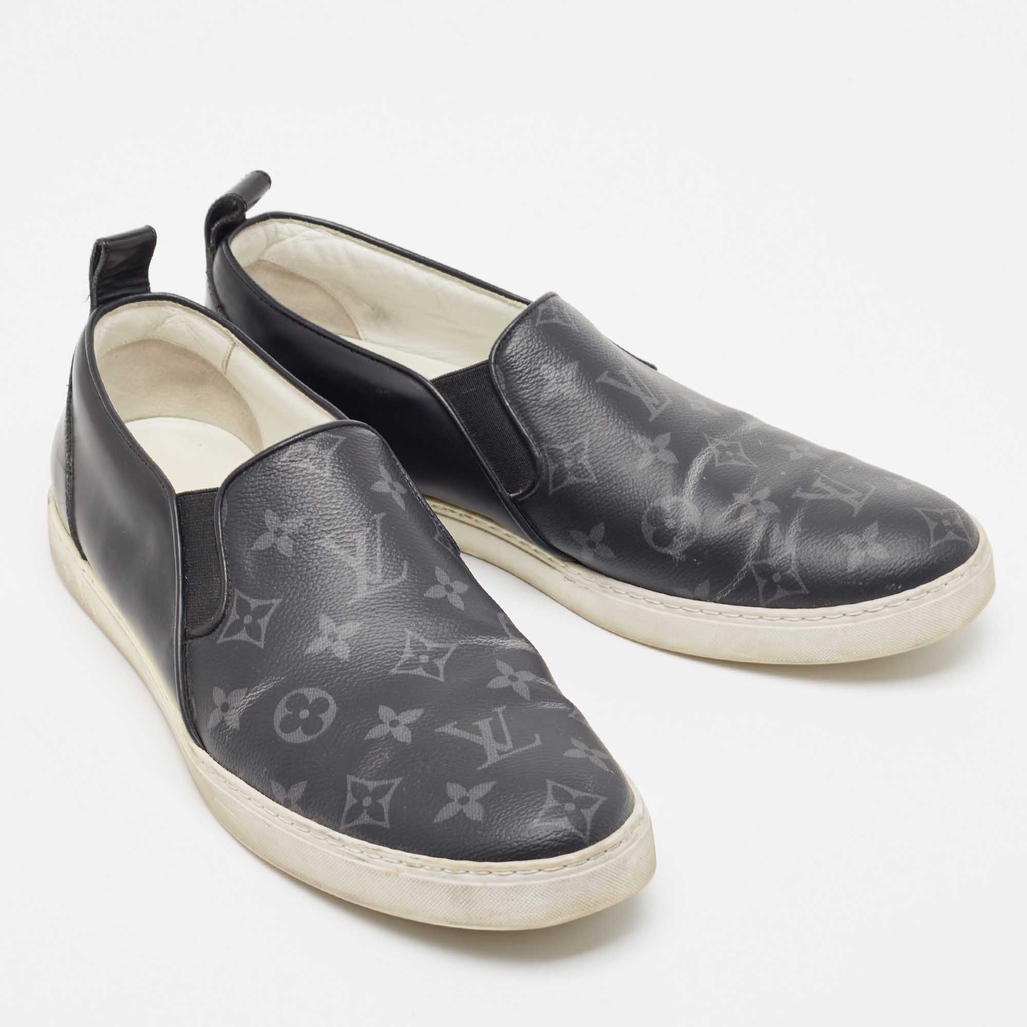 Louis Vuitton Black/Grey Monogram Canvas And Leather Slip On Sneakers Size 42.5