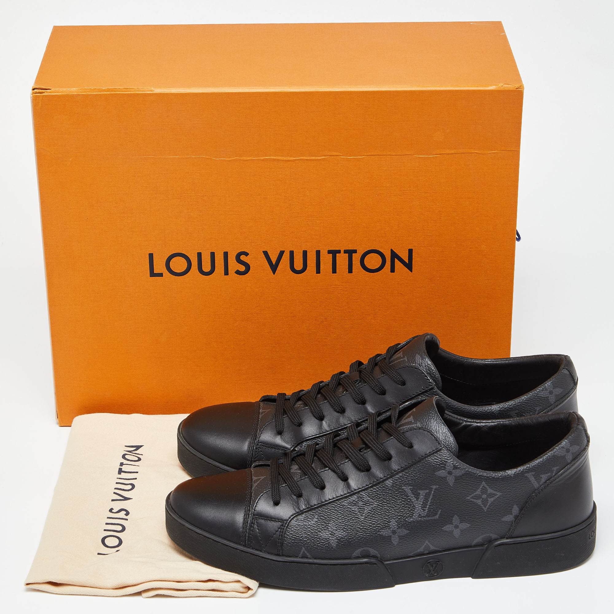 Louis Vuitton Black/Grey Leather And Monogram Canvas Match Up Sneakers Size 43