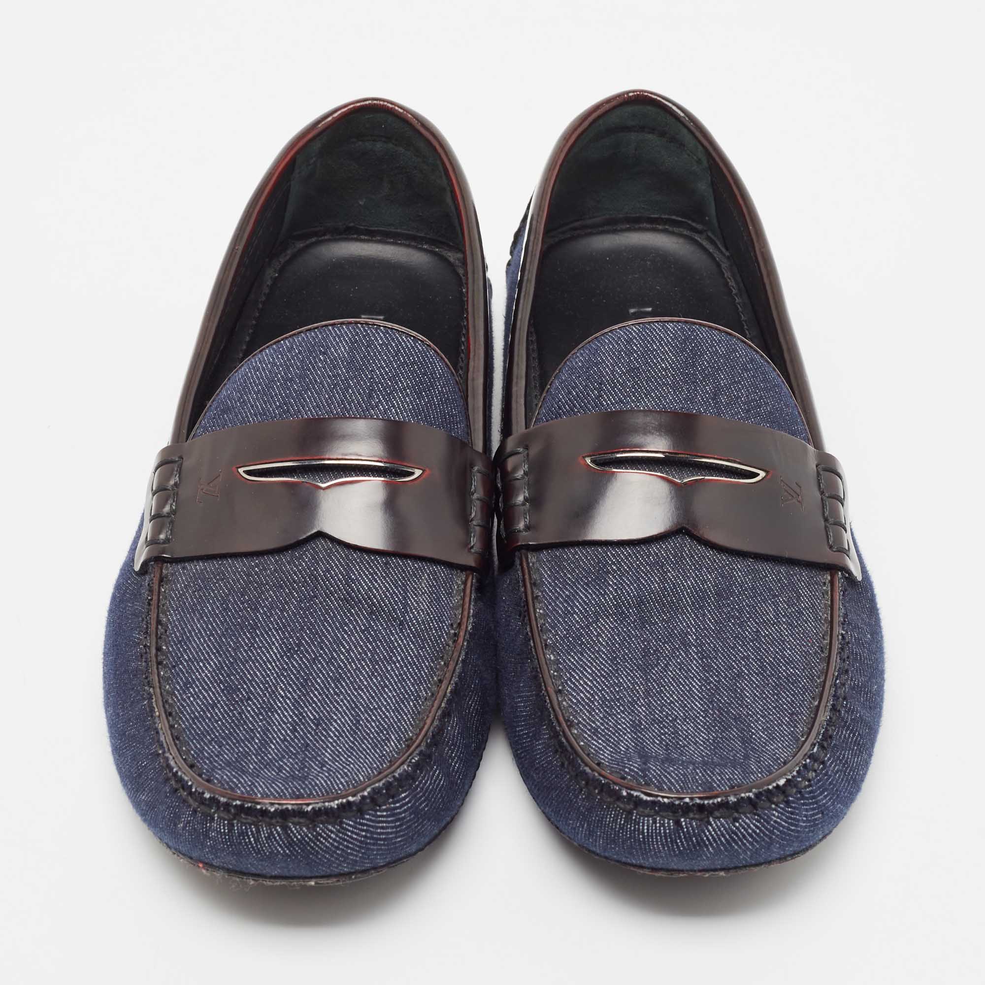 Louis Vuitton Blue Denim And Brown Leather Penny Loafers Size 43