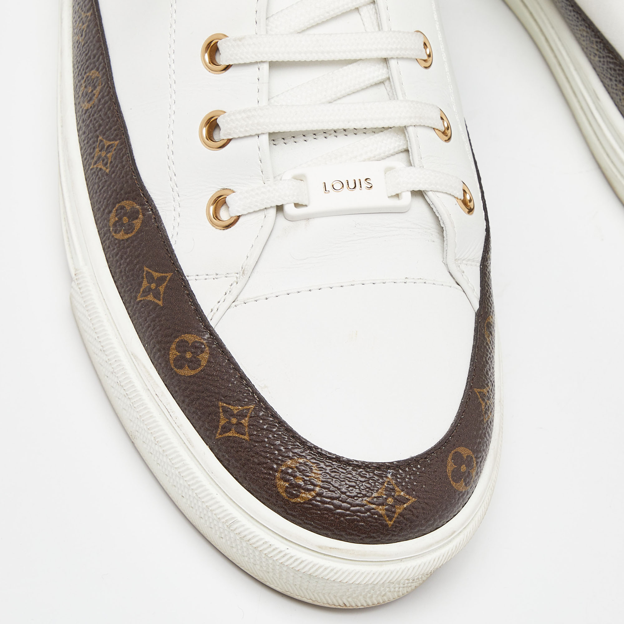 Louis Vuitton White/Brown Leather And Monogram Canvas Stellar Low Top Sneakers Size 41