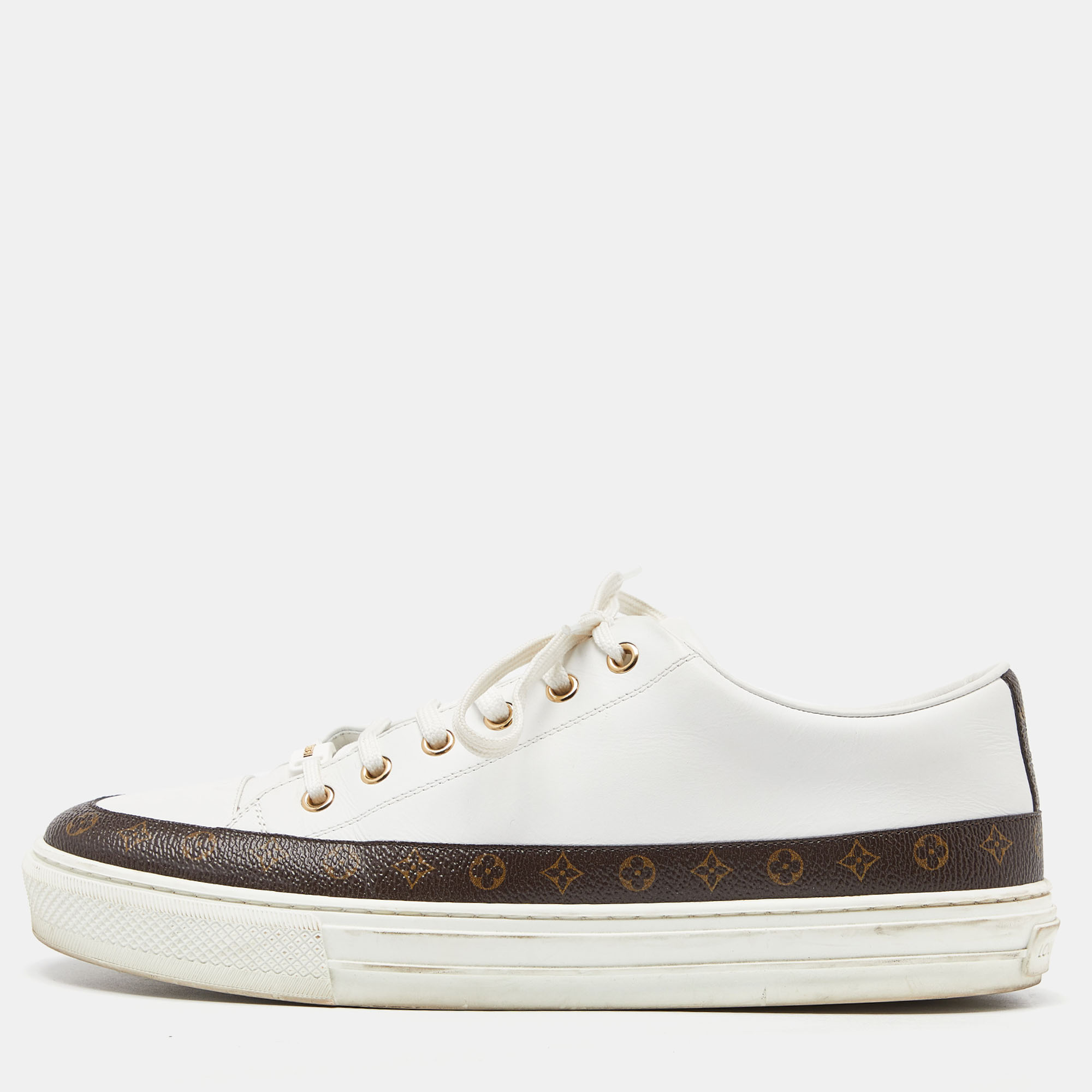 Louis vuitton white/brown leather and monogram canvas stellar low top sneakers size 41