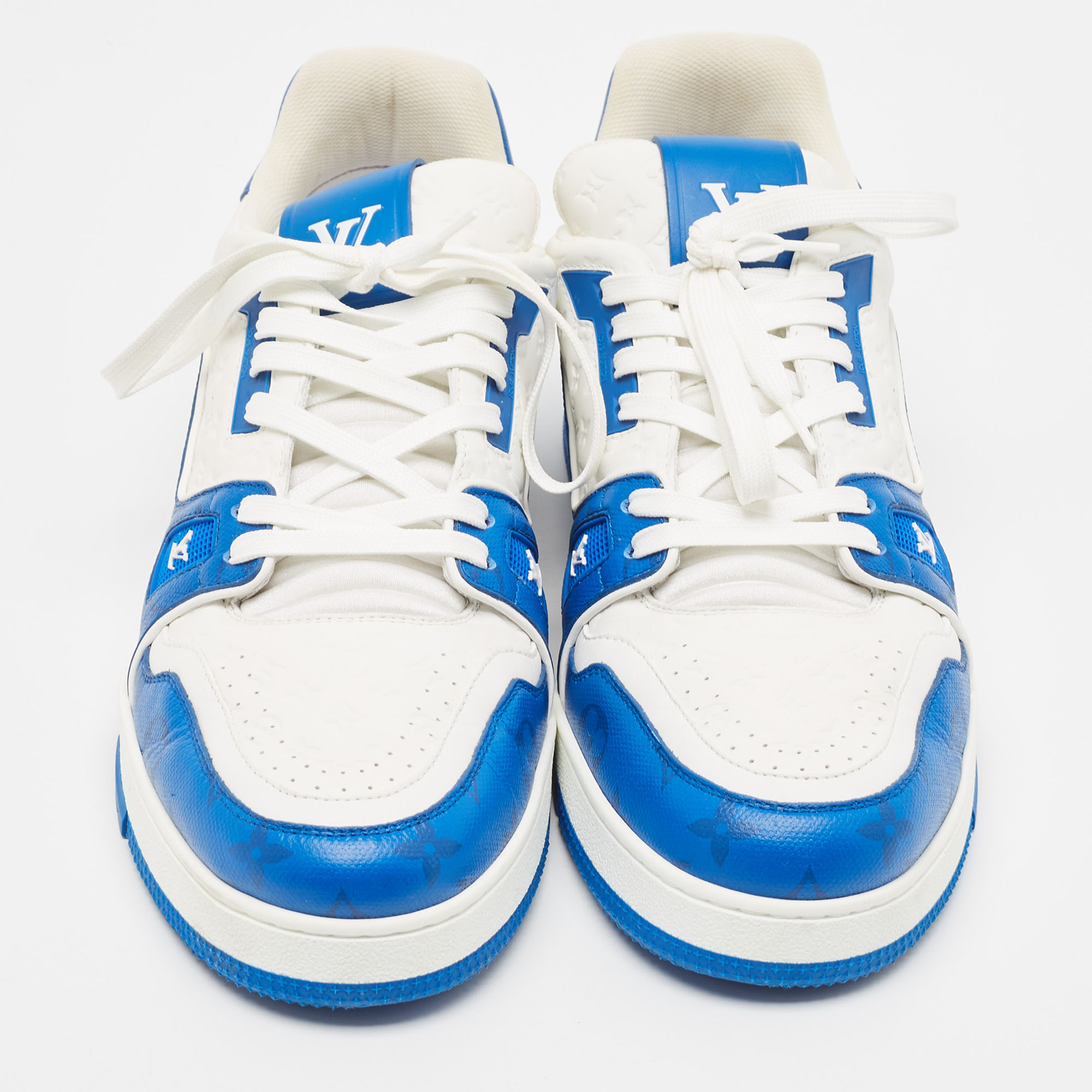 Louis Vuitton Blue/White Leather LV Trainer Sneakers Size 45