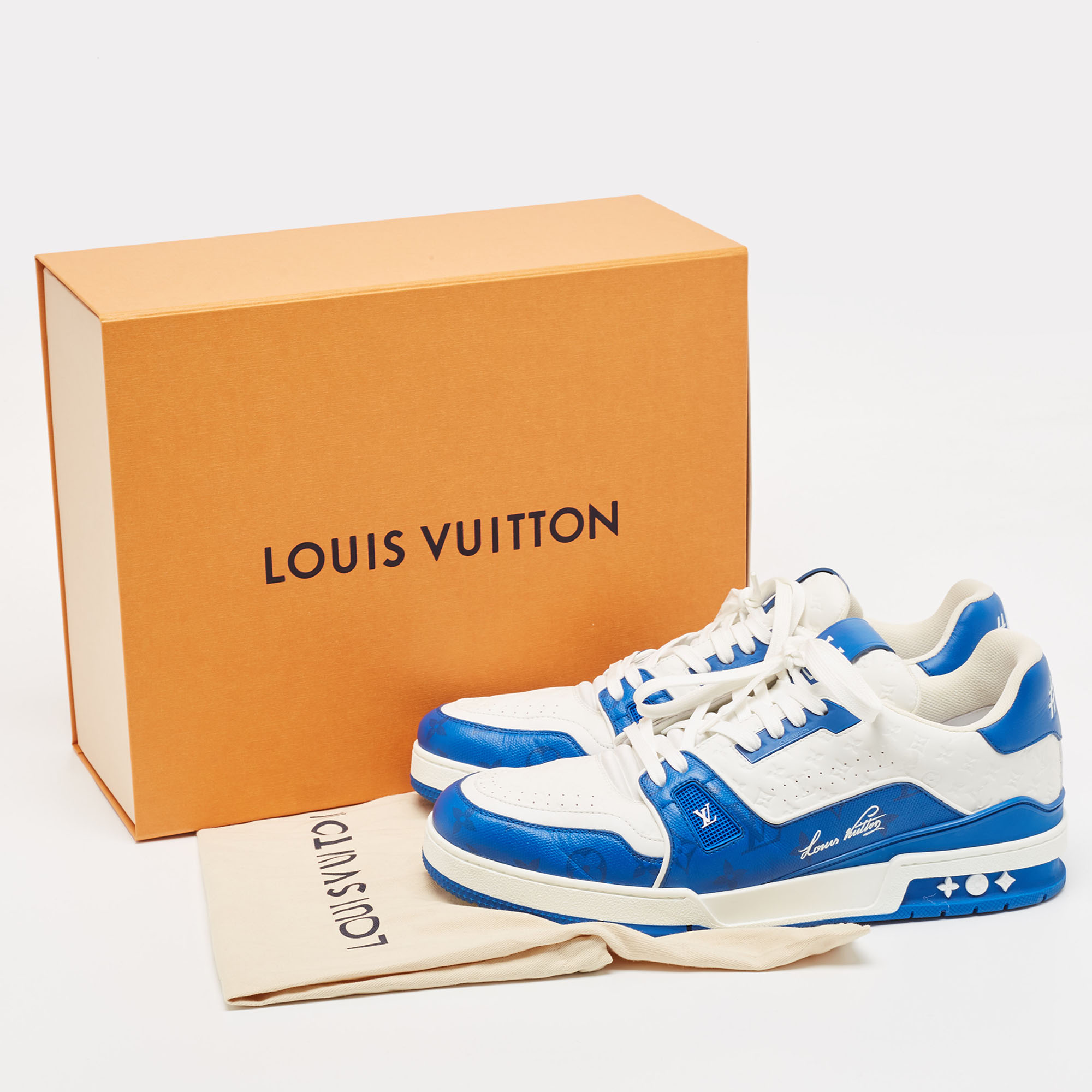 Louis Vuitton Blue/White Leather LV Trainer Sneakers Size 45