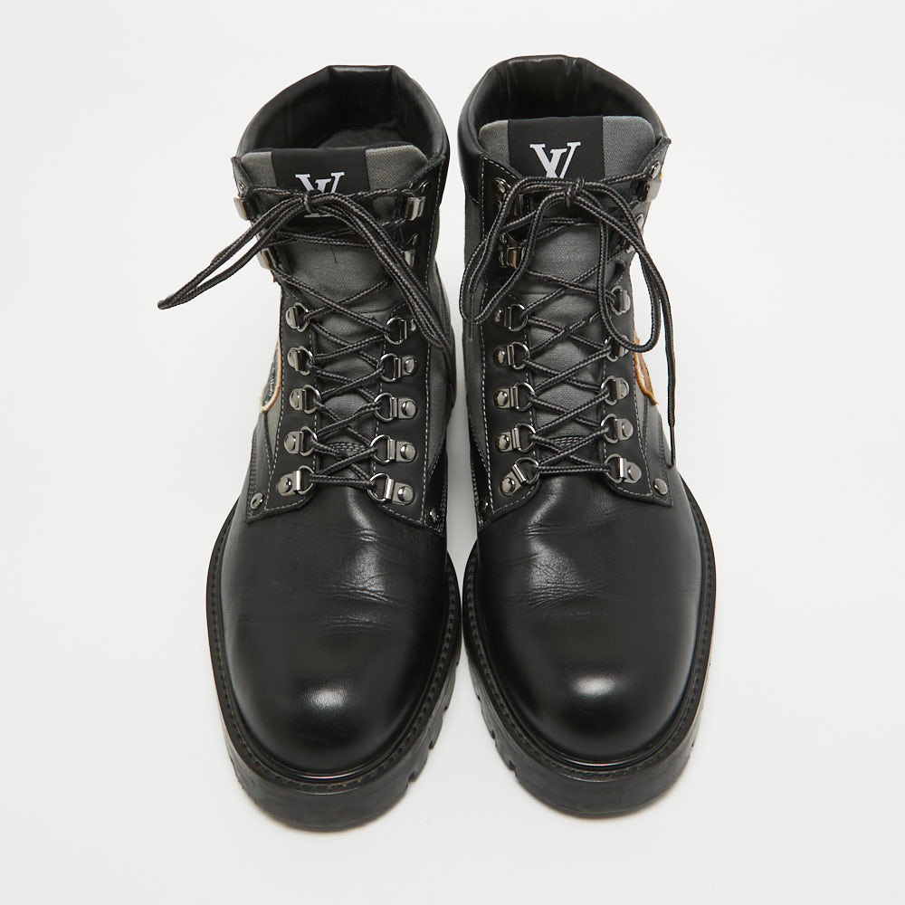 Louis Vuitton Black/Grey Leather And Canvas Metropolis Ranger Boots Size 42