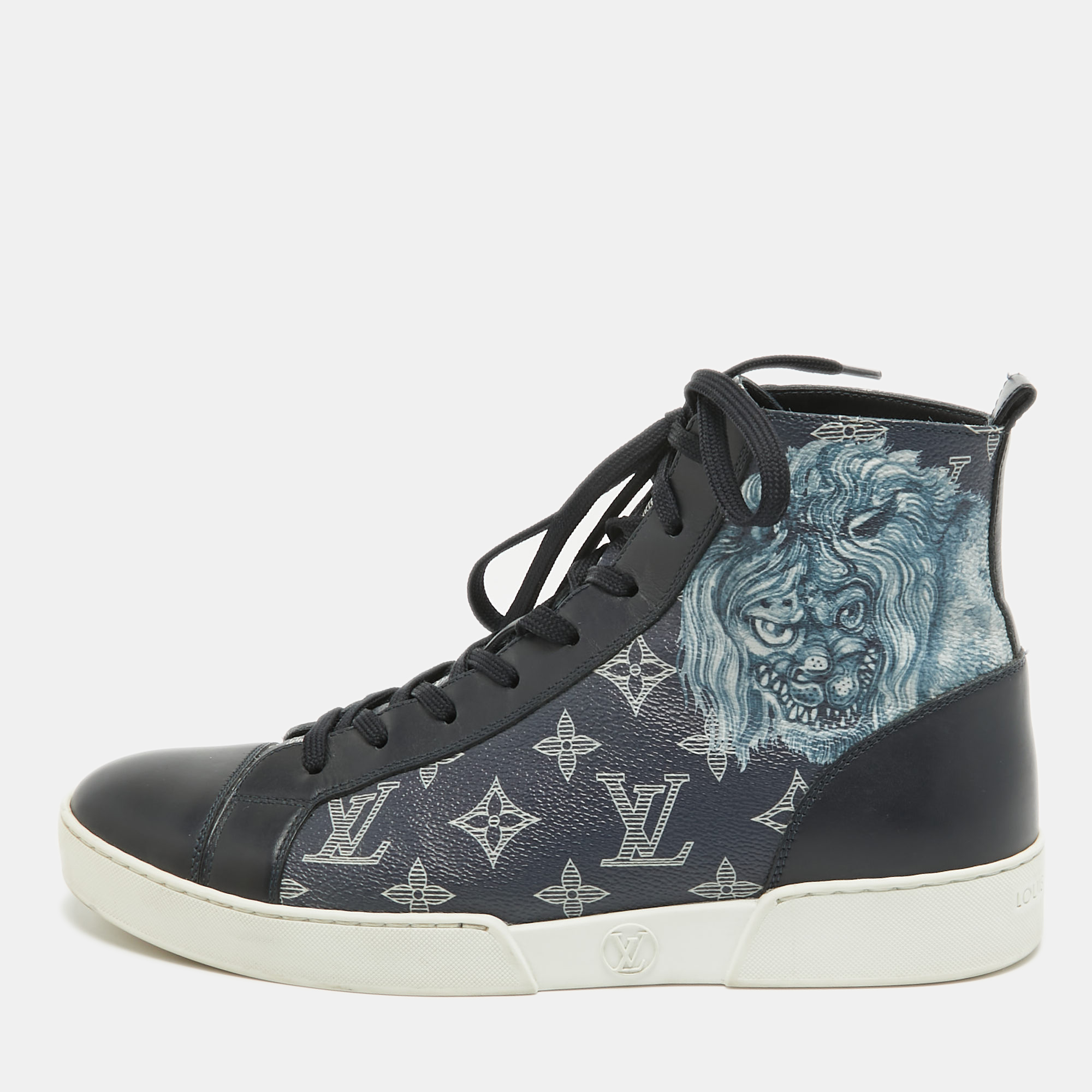 Louis vuitton louise vuitton navy blue canvas and leather match up cloth trainer high top sneakers size 40