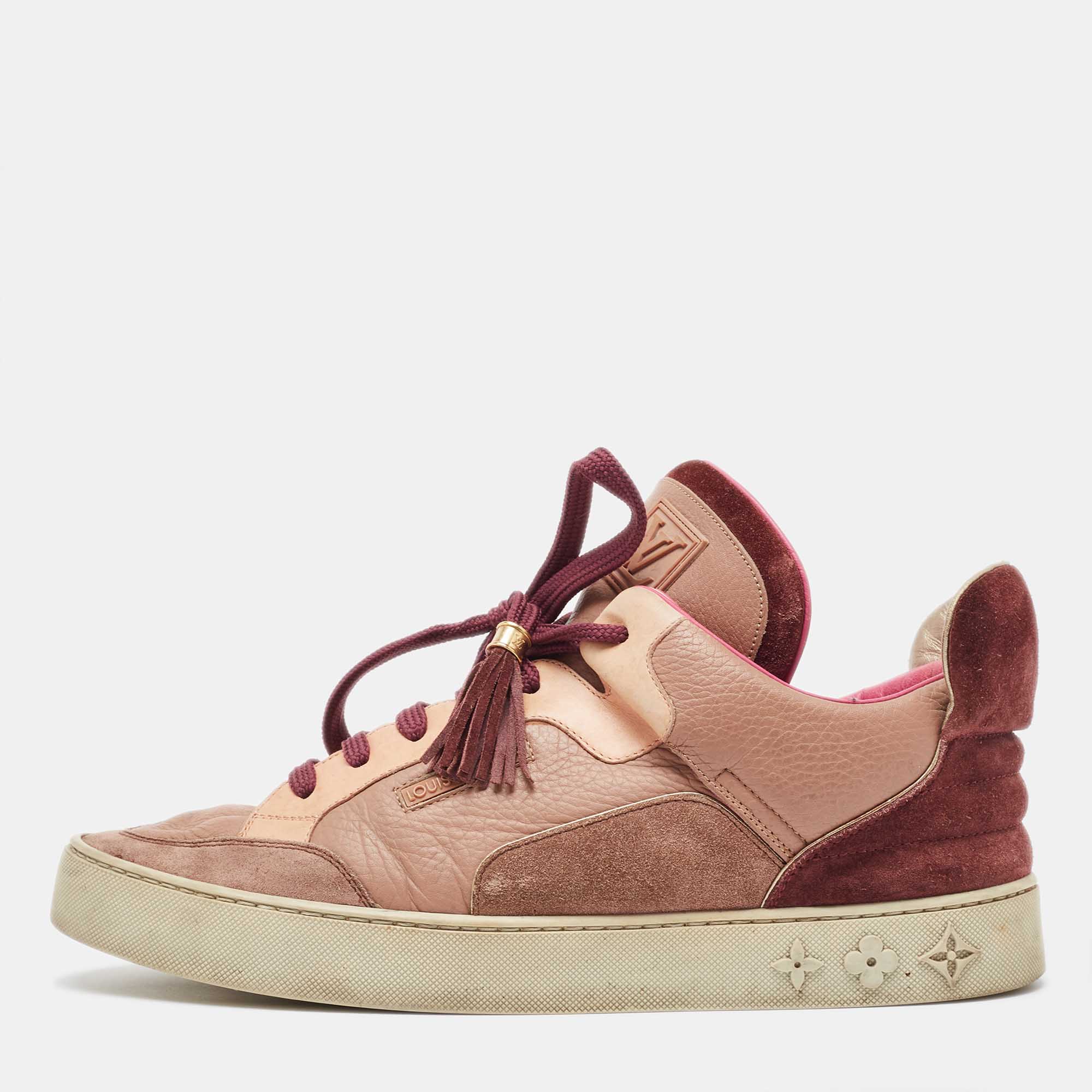 Louis vuitton x kanye west pink/beige leather and suede don patchwork low top sneakers size 42.5