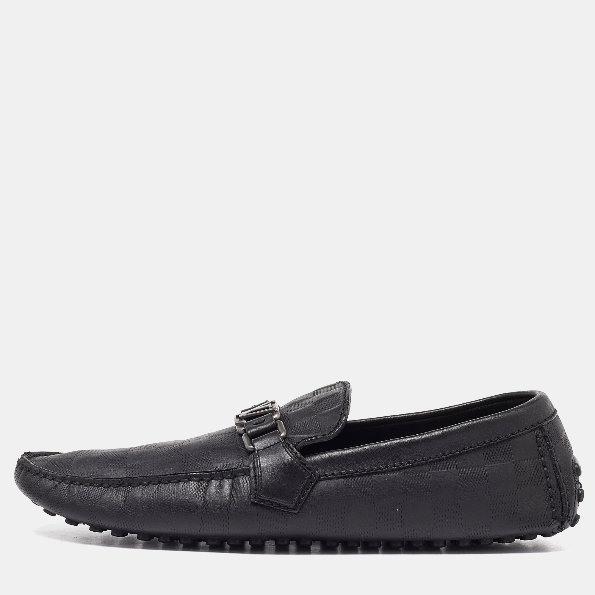 Louis vuitton black damier leather hockenheim slip on loafers size 43