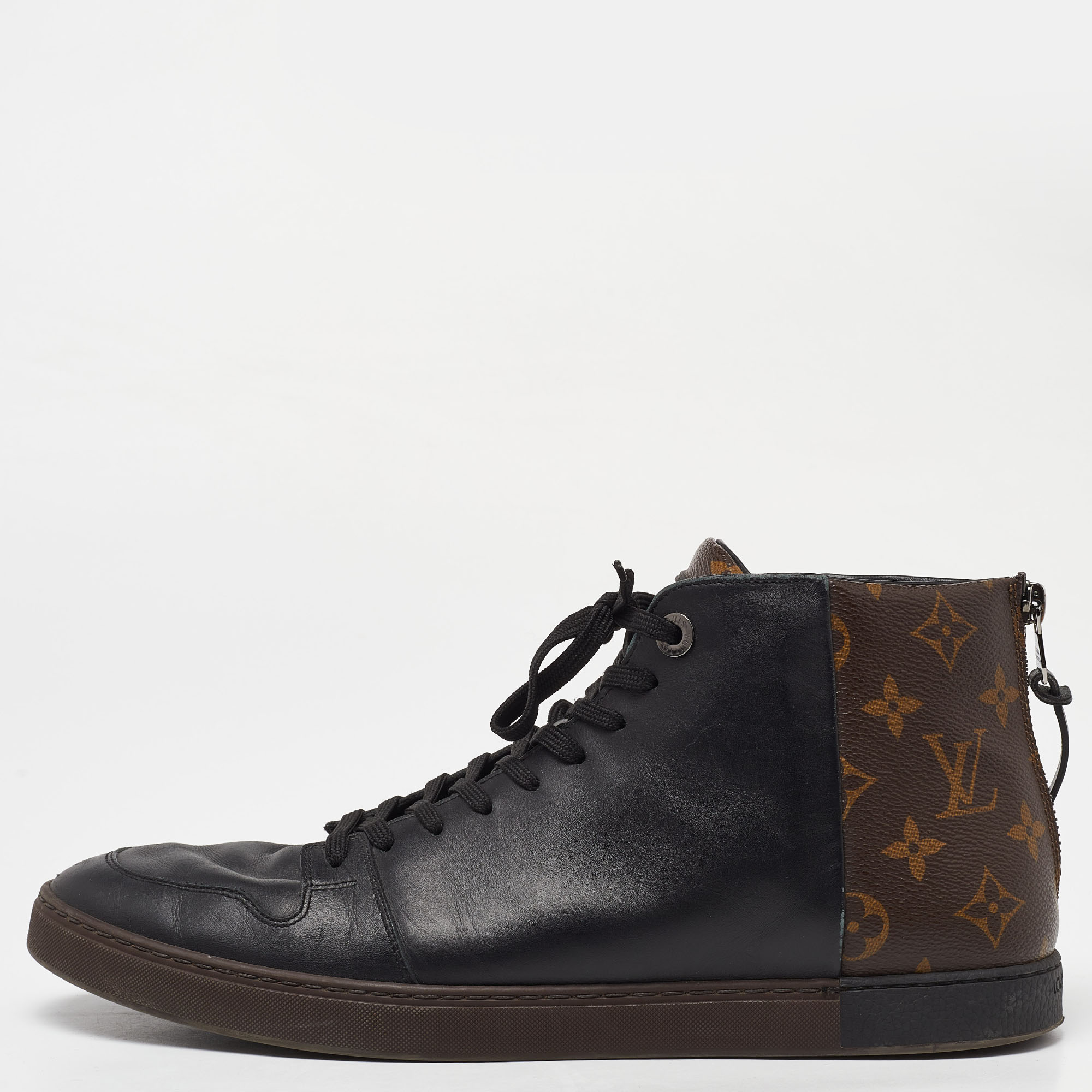 Louis vuitton black/brown leather and monogram canvas high top sneakers size 43