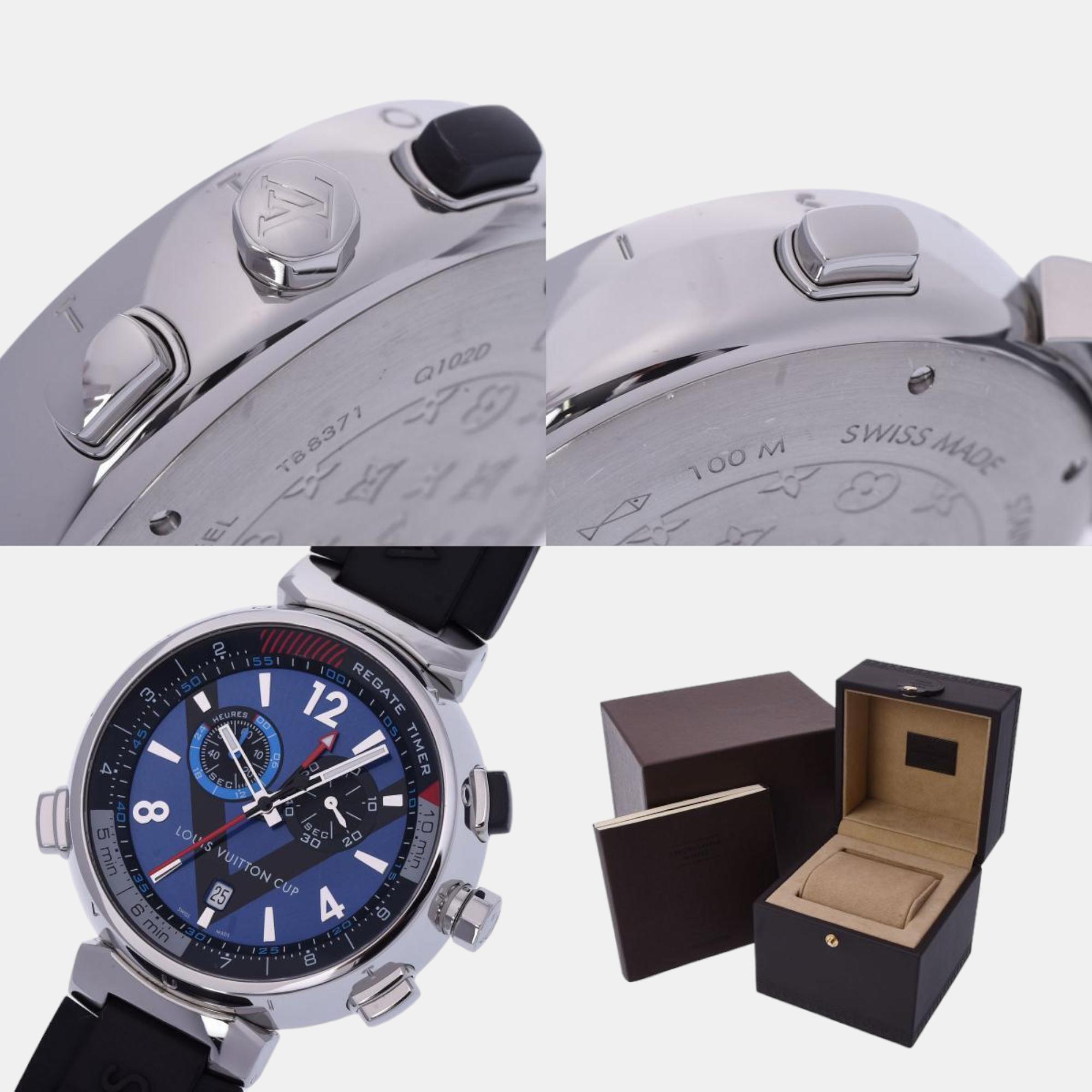 Louis Vuitton Blue Stainless Steel Tambour Q102D Quartz Men's Wristwatch 44 Mm