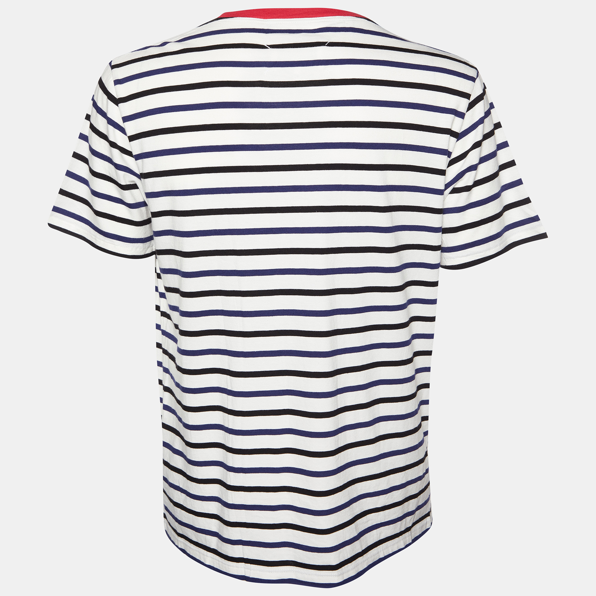 

Maison Martin Margiela White Striped Cotton Knit Contrast Neck Detail T-Shirt