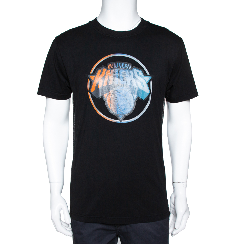 Image of Marcelo Burlon Black Cotton NY Knicks Print Mesh Panel T-Shirt S
