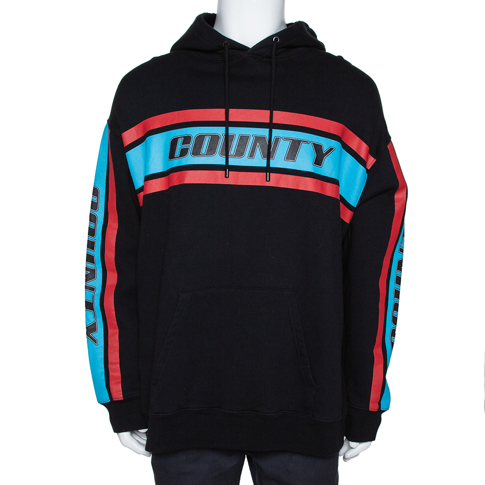 Image of Marcelo Burlon Black Color Band Print Cotton Hoodie M