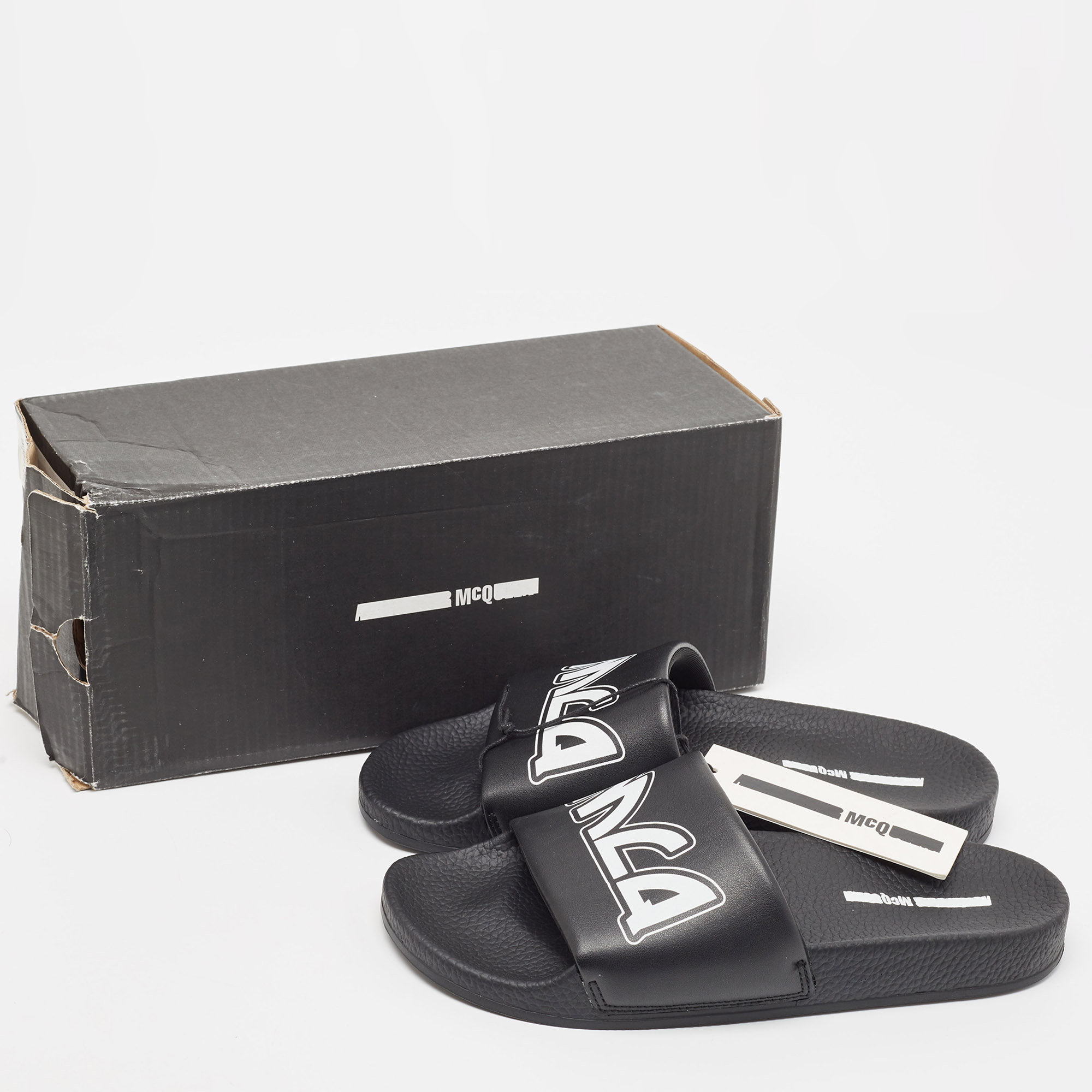 McQ By Alexander McQueen Black Leather And Rubber Logo Pool Slides Size 40