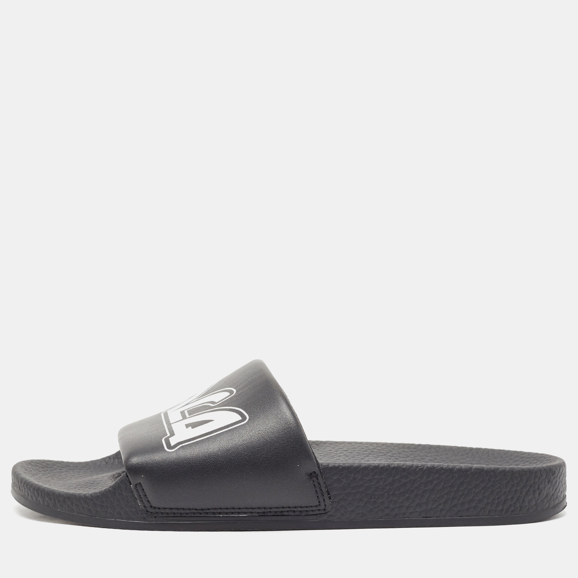 Mcq by alexander mcqueen black leather and rubber logo pool slides size 40