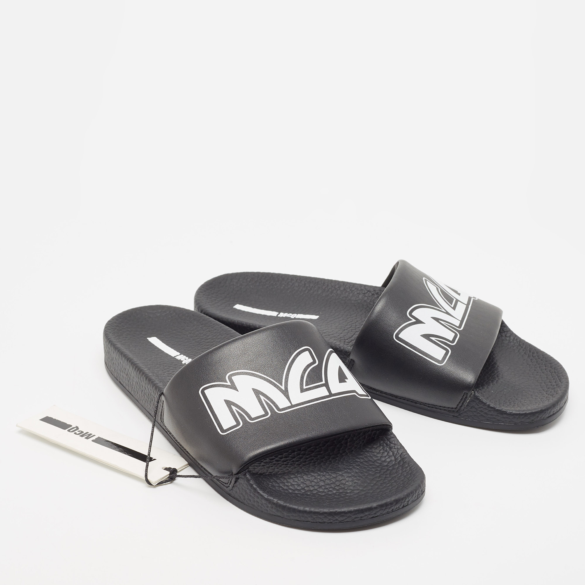 McQ By Alexander McQueen Black Leather And Rubber Logo Pool Slides Size 40