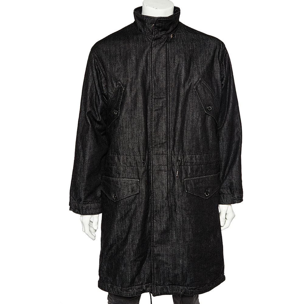 Mcq by alexander mcqueen black faded denim oversized zip front coat xs