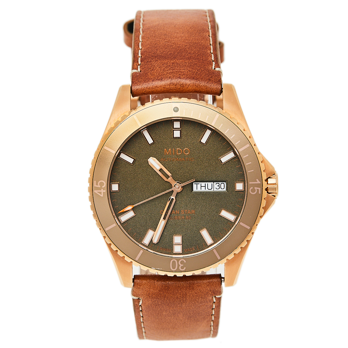 Mido Green Rose Gold PVD Stainless Steel Leather Ocean Star M026.430.36.091.00 Men's Wristwatch 42.5 mm