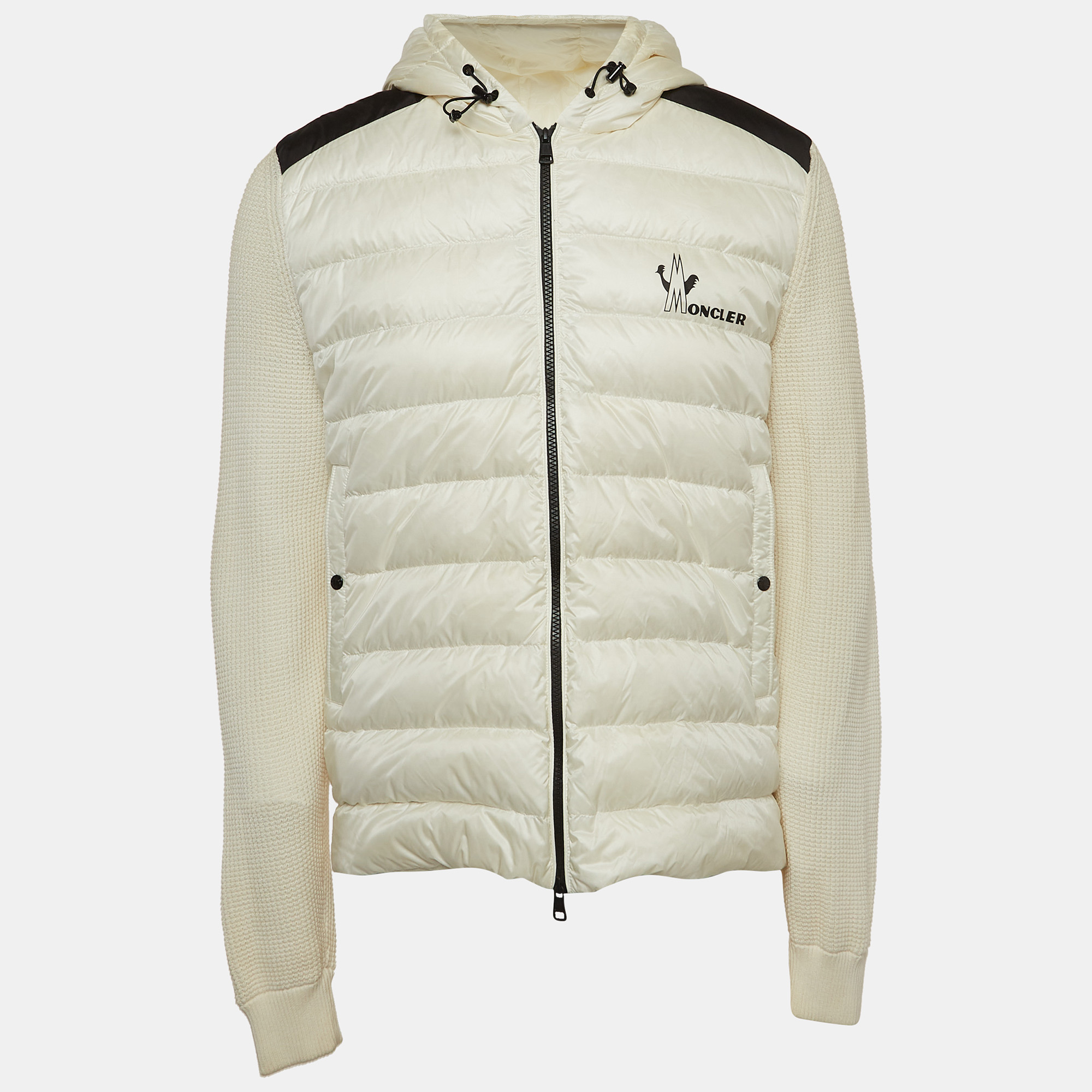 Moncler Off-White Cotton Knit And Quilted Nylon Down Tricot Cardigan L