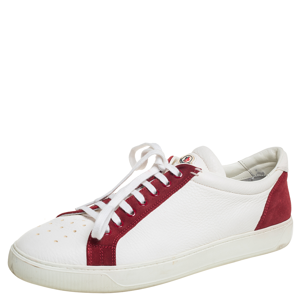 Moncler White/Red Leather And Suede Low Top Sneakers Size 45