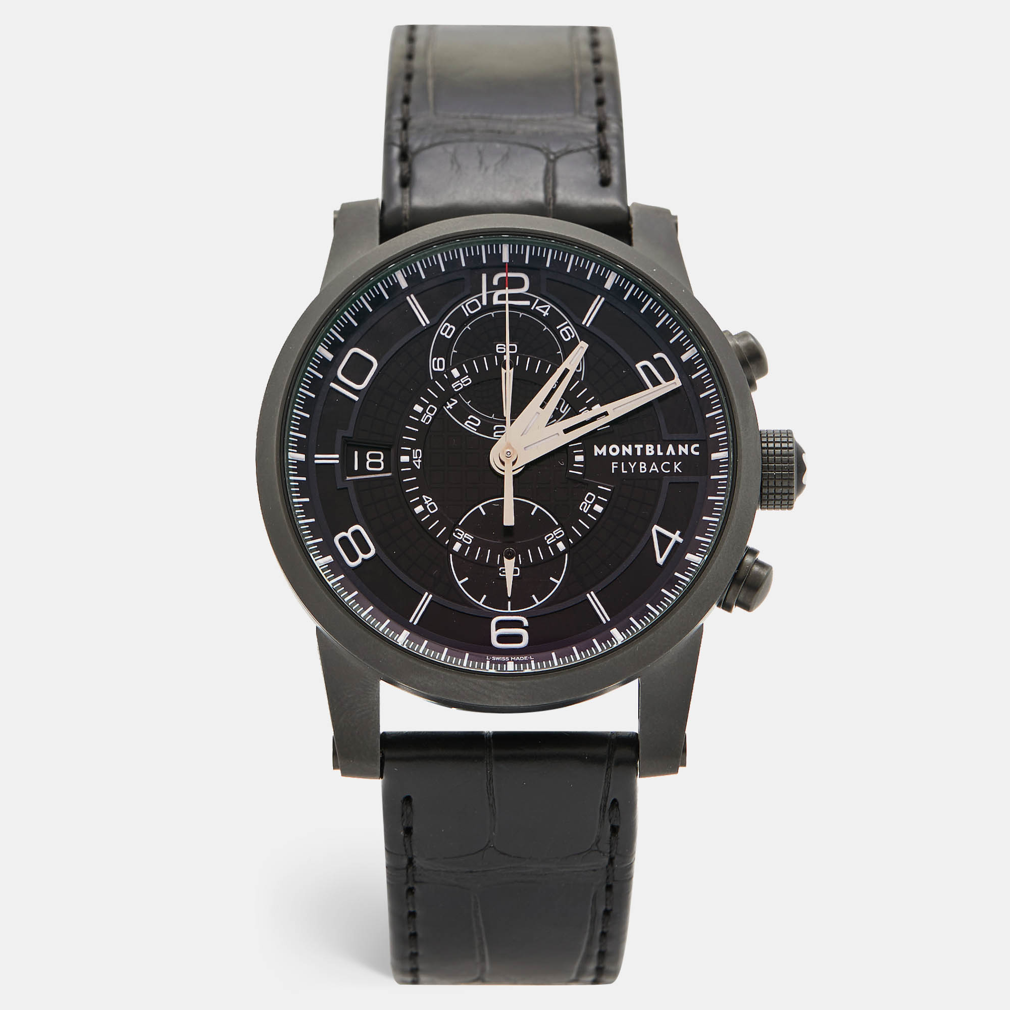 Montblanc black pvd coated titanium leather timewalker twinfly 106507 limited edition men's wristwatch 43 mm