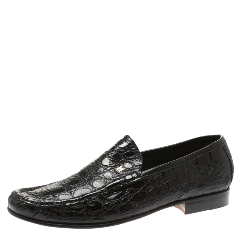Image of Moreschi Black Croc Leather Loafers Size