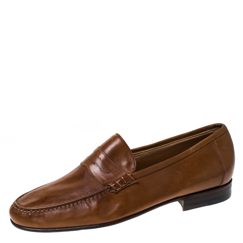 Image of Moreschi Brown Leather Penny Slip On Loafers Size .
