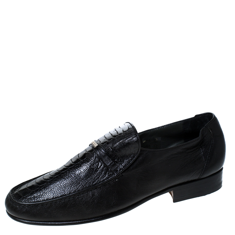 Image of Moreschi Black Leather And Ostrich Trim Slip On Loafers Size