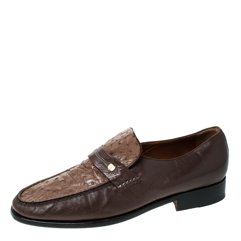 Moreschi Brown Leather And Ostrich Trim Slip On Loafers Size 41