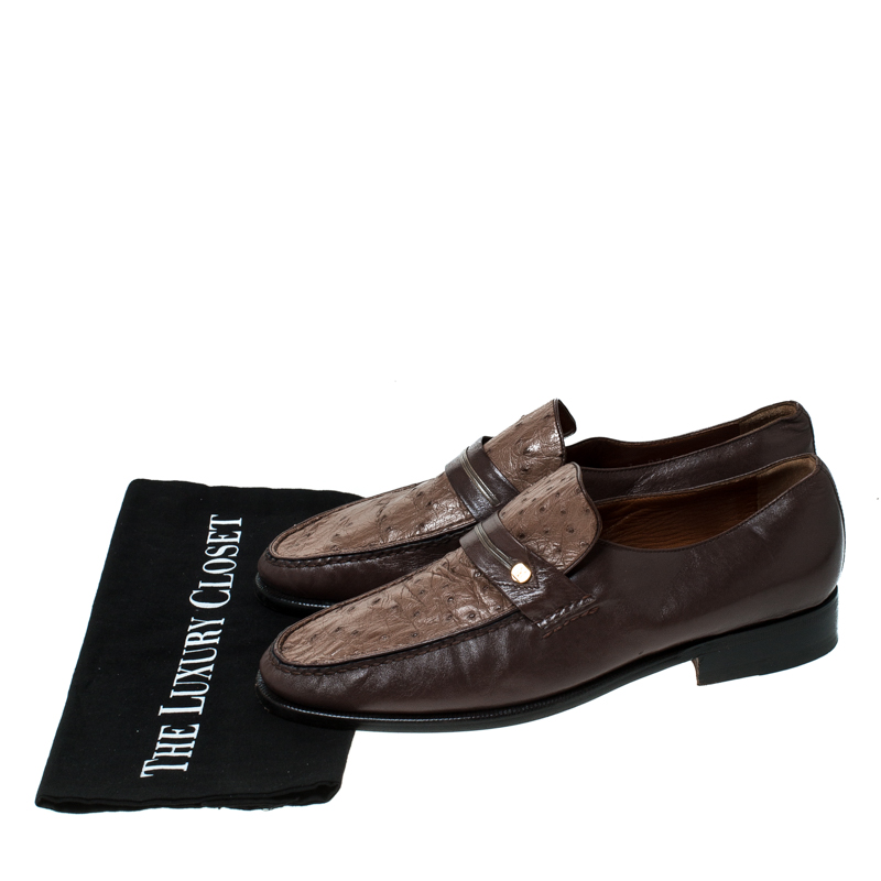 Moreschi Brown Leather And Ostrich Trim Slip On Loafers Size 41