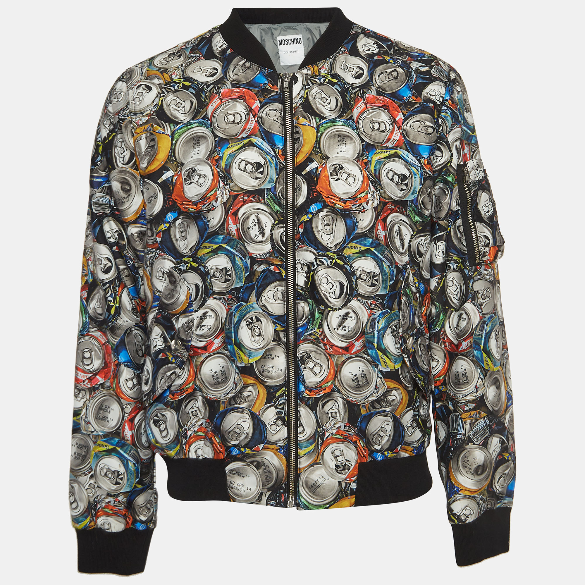 Moschino couture multicolor beverage cans print nylon bomber jacket l