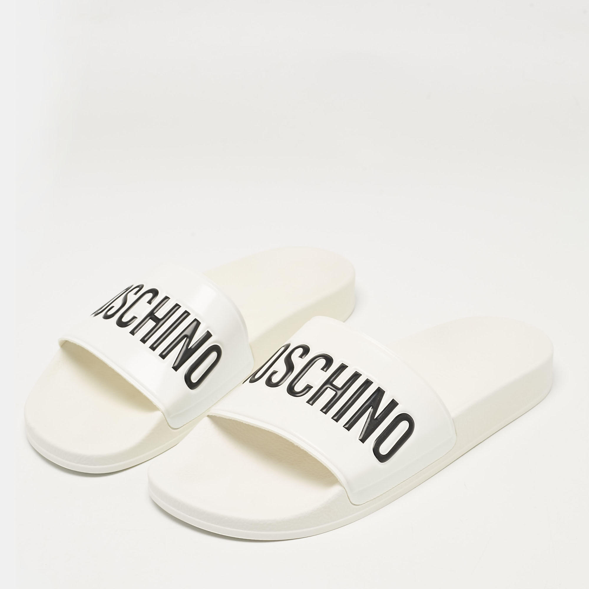 Moschino White Leather Logo Flat Sandals Size 42