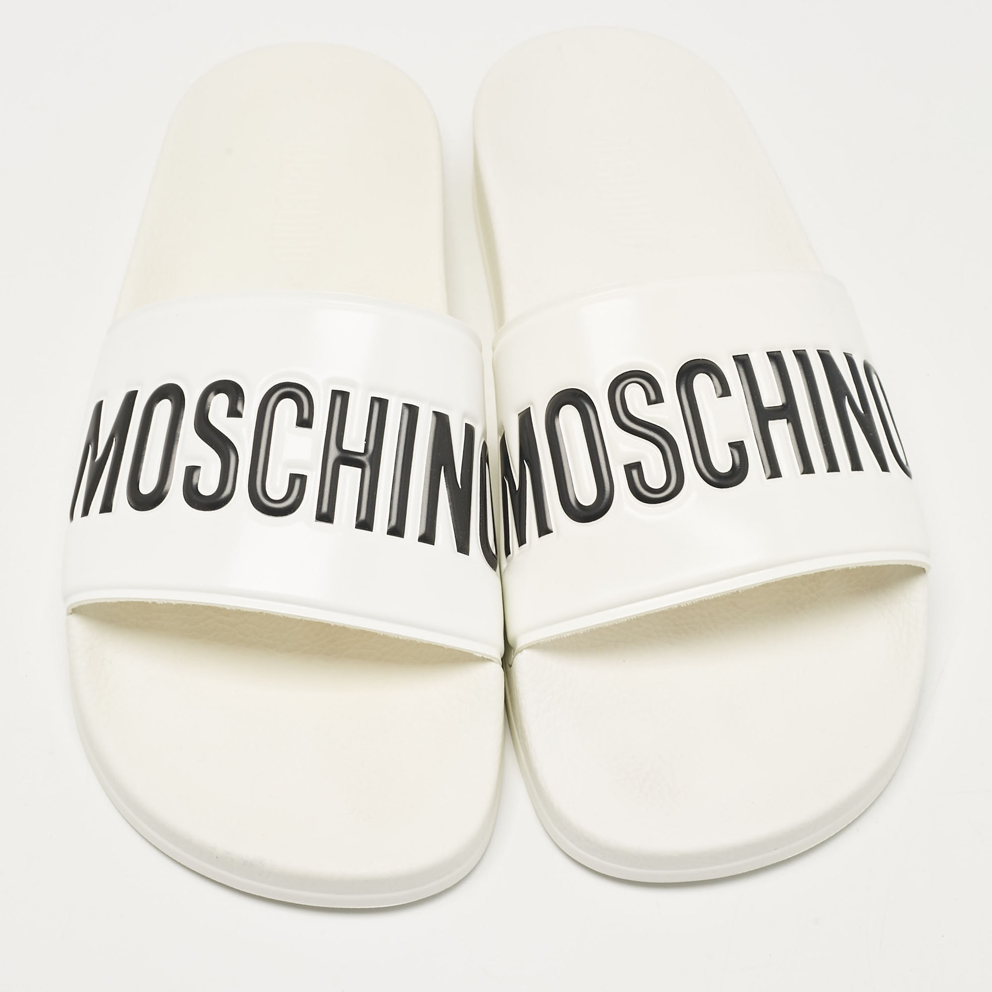 Moschino White Leather Logo Flat Sandals Size 42