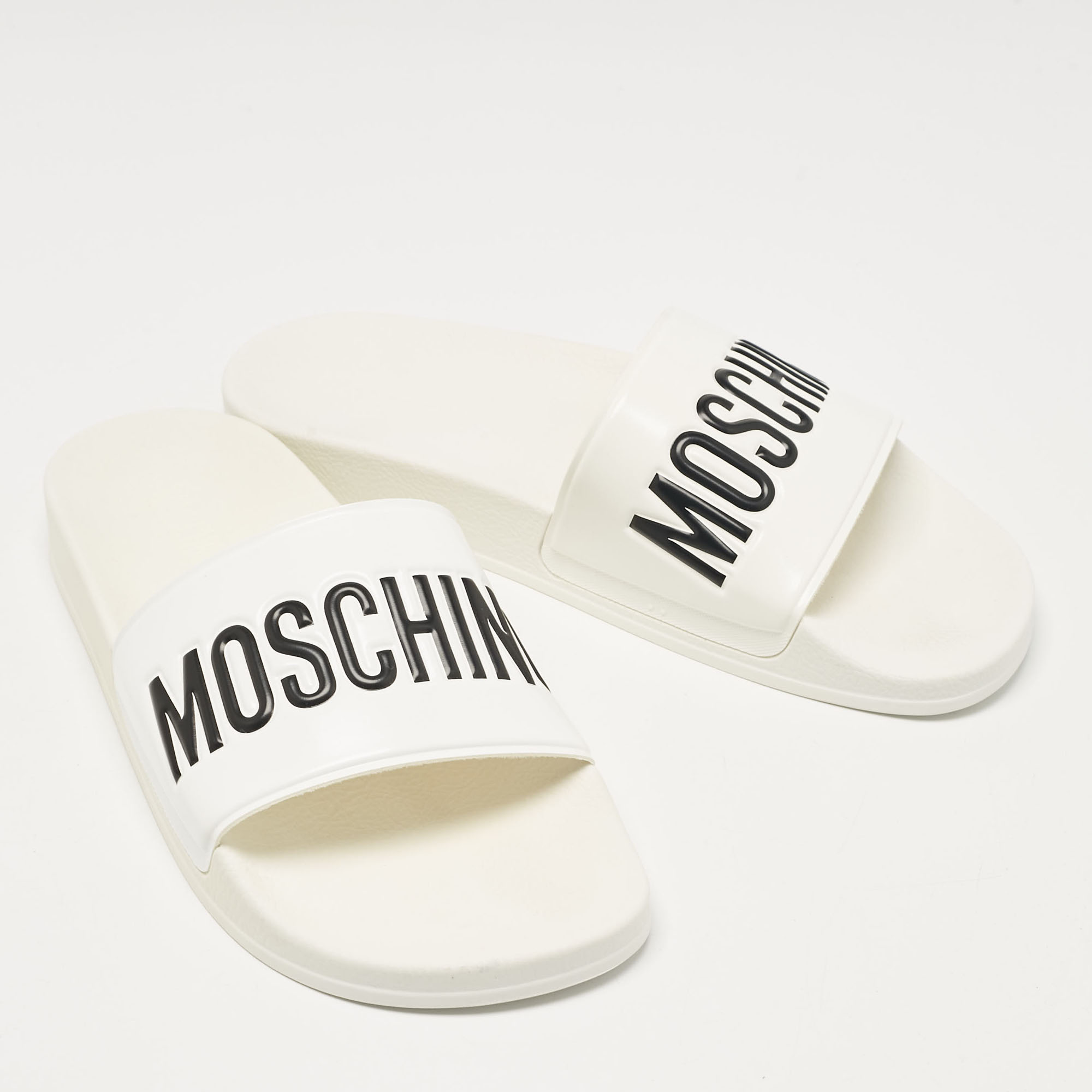 Moschino White Leather Logo Flat Sandals Size 42