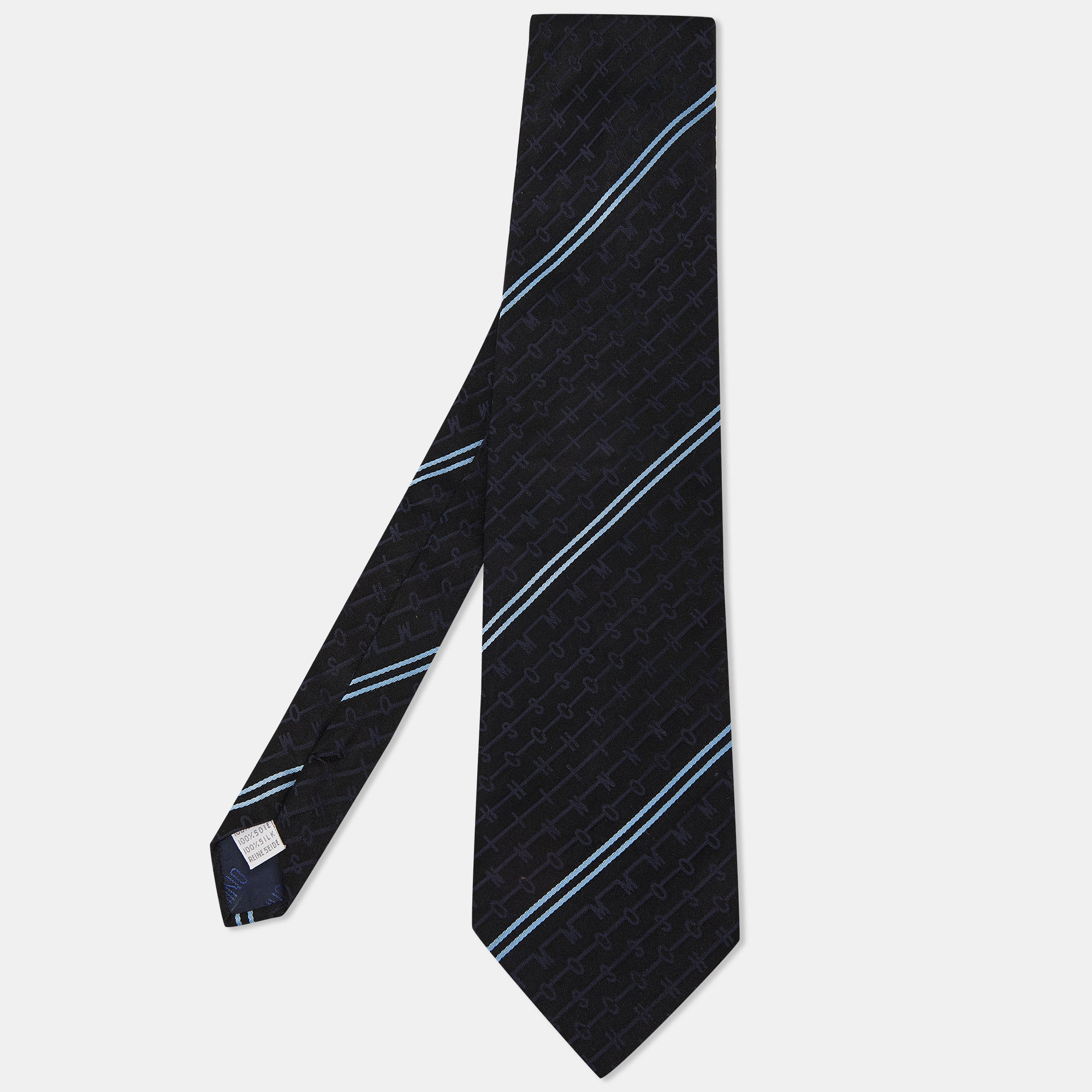Moschino Vintage Black Diagonal Stripe Logo Patterned Silk Traditional Tie