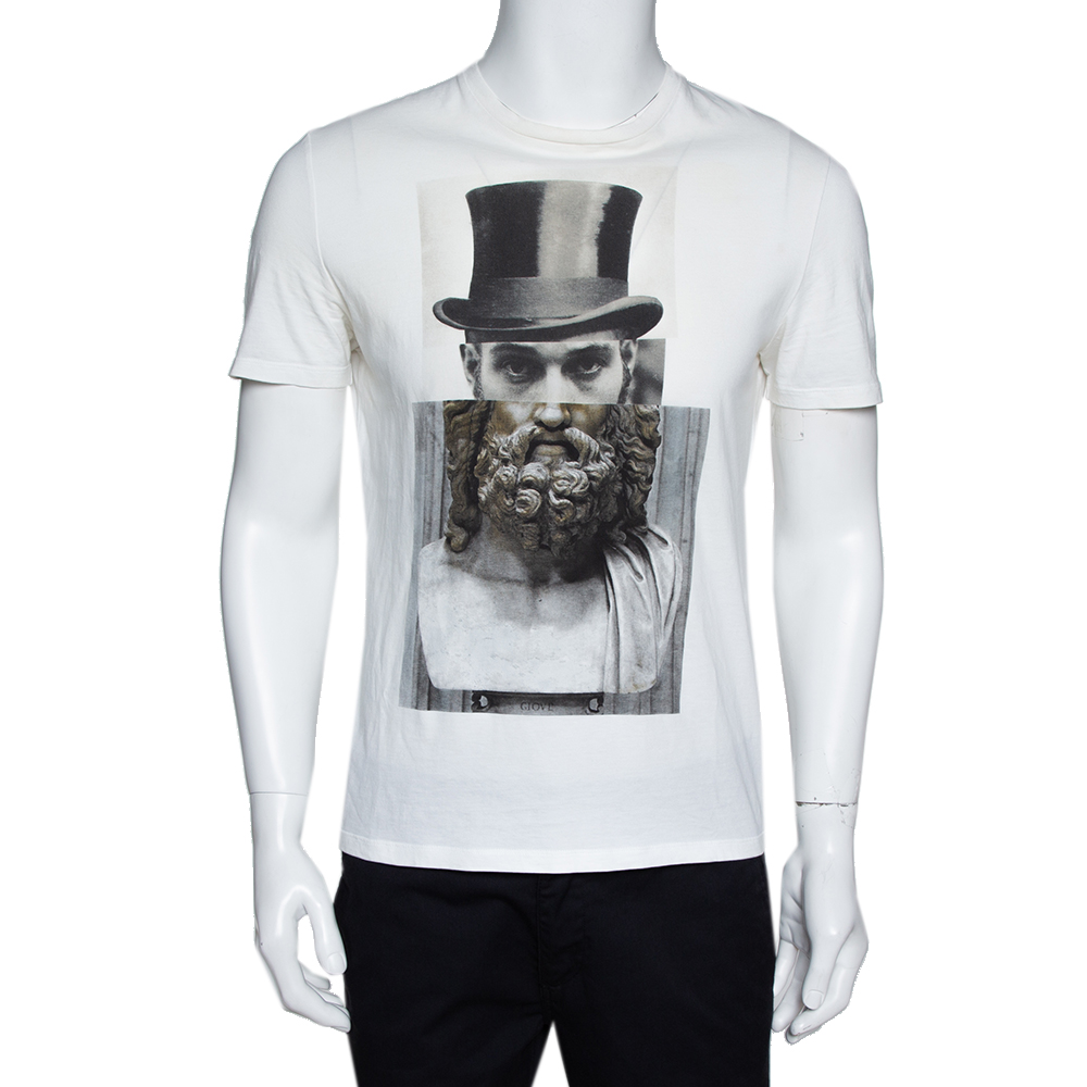 Image of Neil Barrett Cream Cotton Hybrid Top Hat Statue Print T-Shirt S