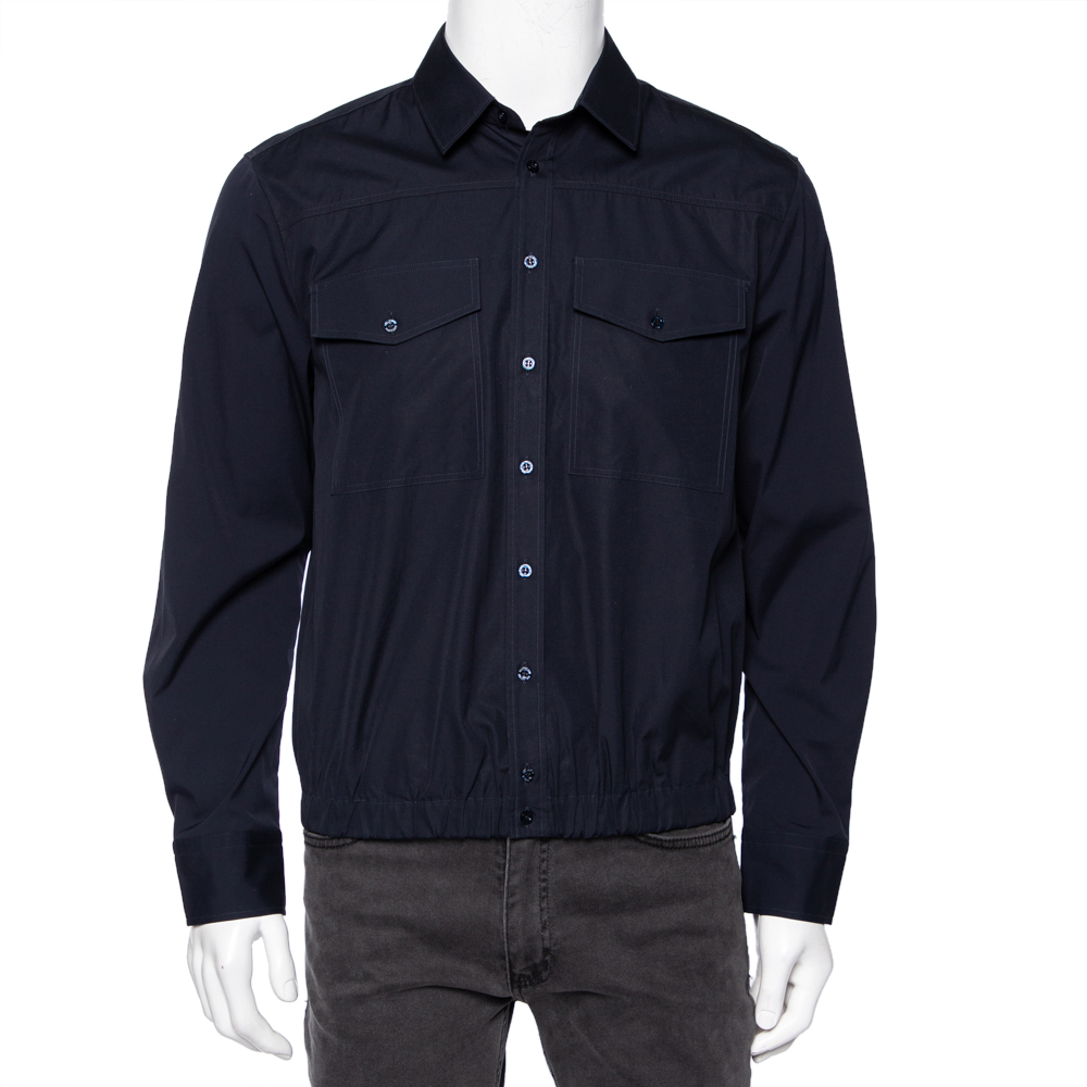 Neil barrett navy blue cotton loose blouson fit button front shirt m