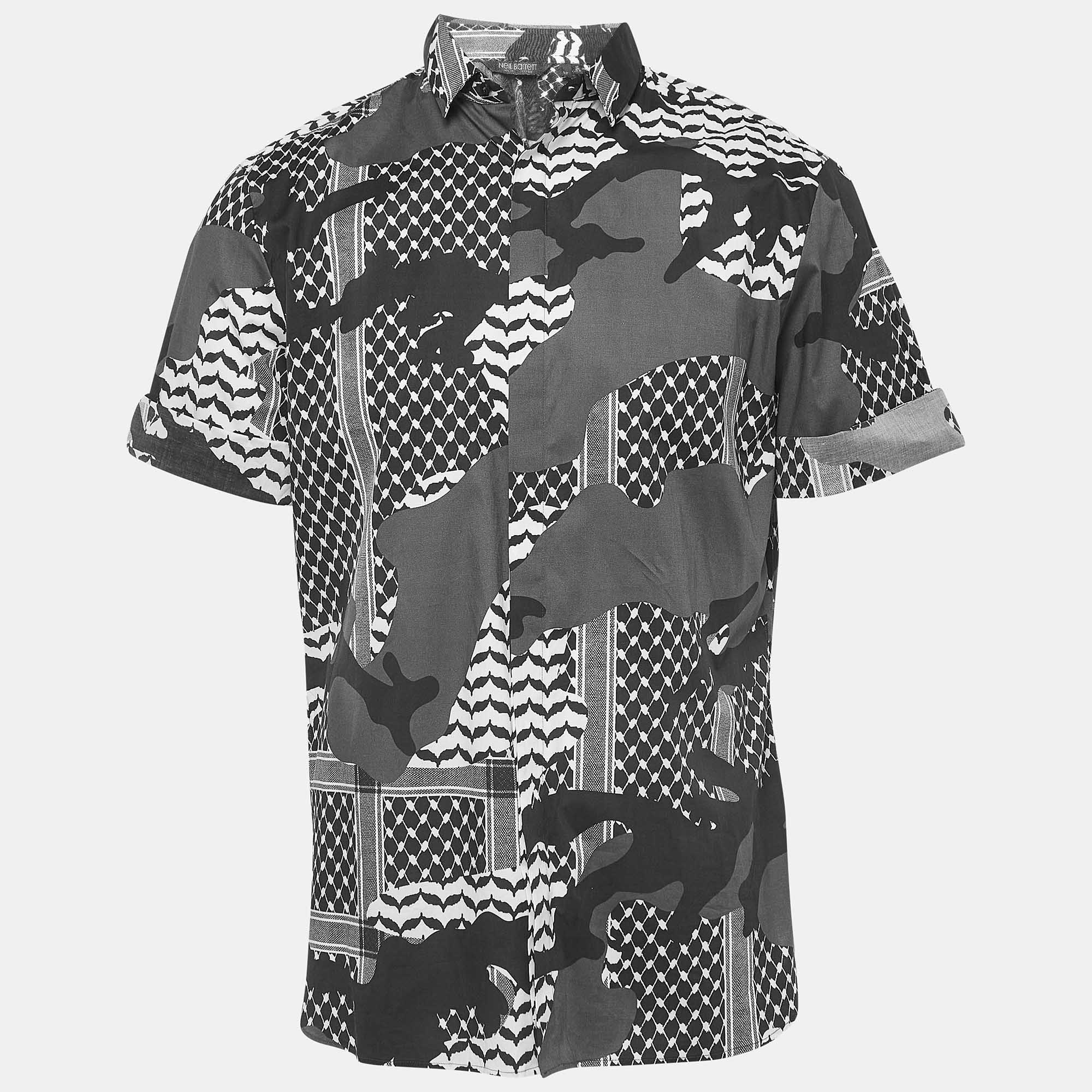 Neil barrett monochrome printed cotton slim fit shirt m