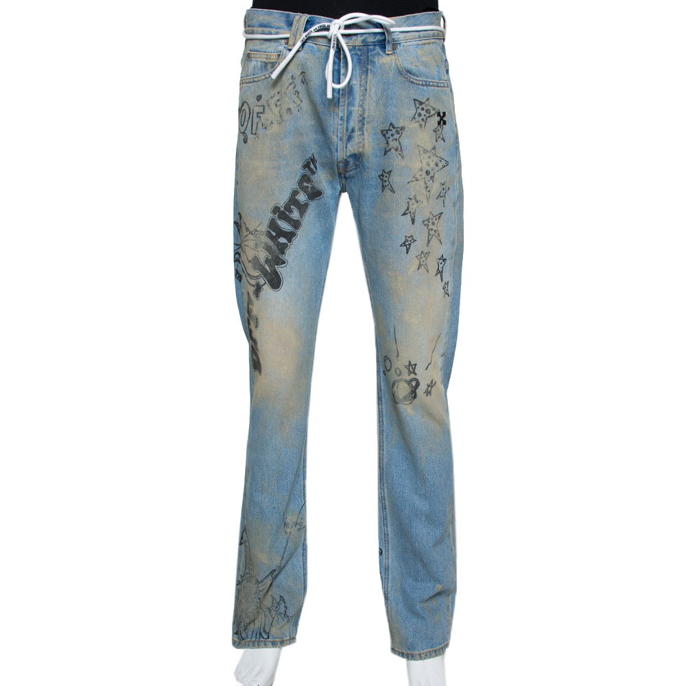 Image of Off-White Blue Wizard Extreme Bleach Denim Relaxed Fit Jeans M